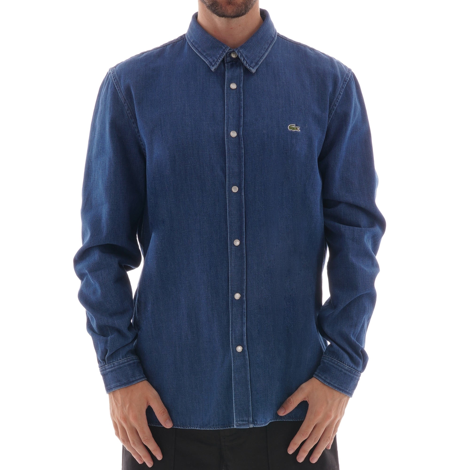 ダイ LACOSTE indigo denim swing top Lacoste Loose Fit Snap Denim Shirt - Indigo – Stuarts London