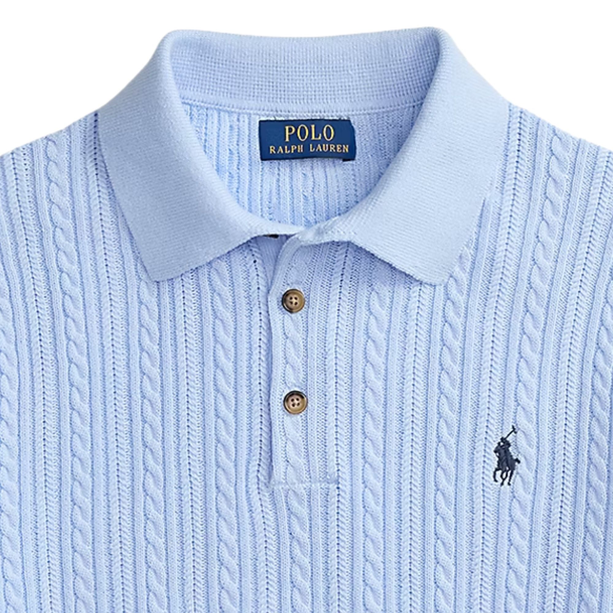 Polo Ralph Lauren Cable-Knit Cotton Polo-Collar Jumper - Office Blue