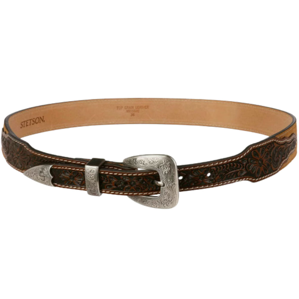 Stetson Hats Tooled Tapered Leather Belt - Brown