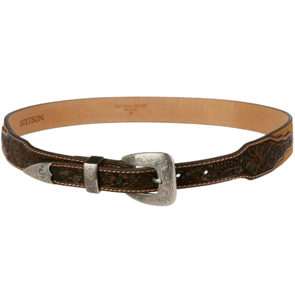 Stetson Hats Tooled Tapered Leather Belt - Brown