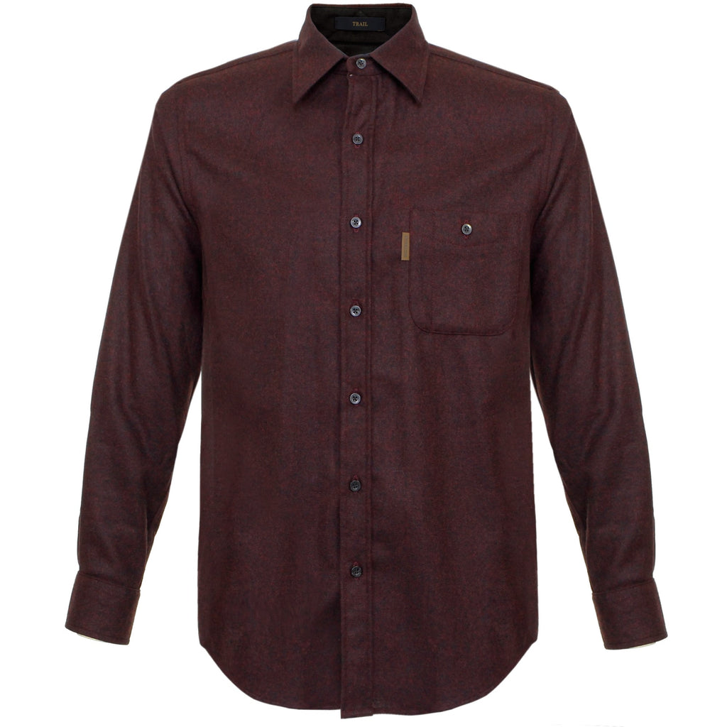 A full-front view of a long-sleeved dark red collared shirt with a breast pocket.