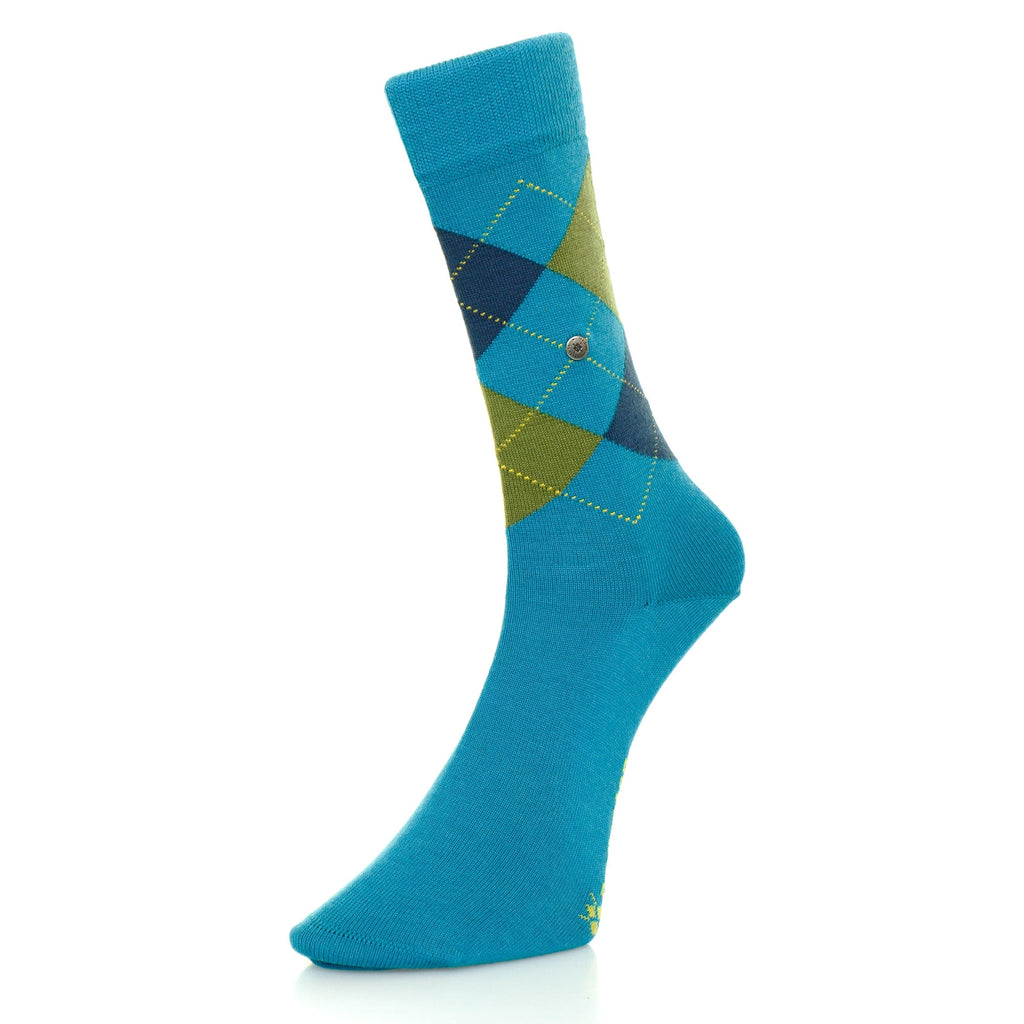 A vibrant blue argyle sock featuring olive green and navy diamond patterns.