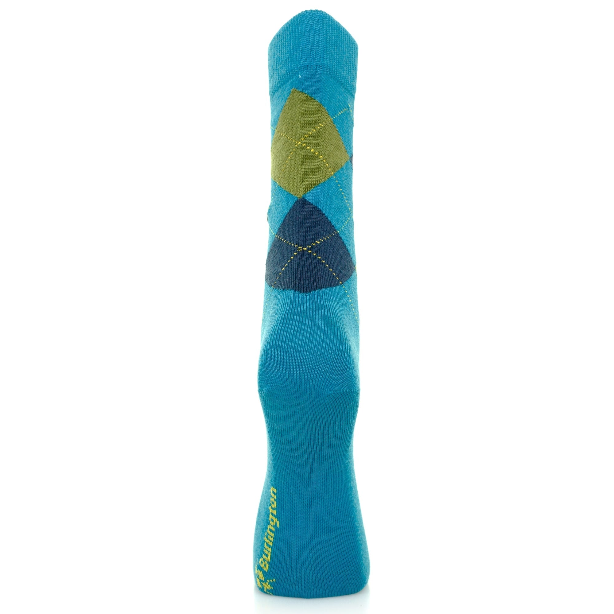 The back view of a blue argyle sock, showing the diamond pattern and brand logo.