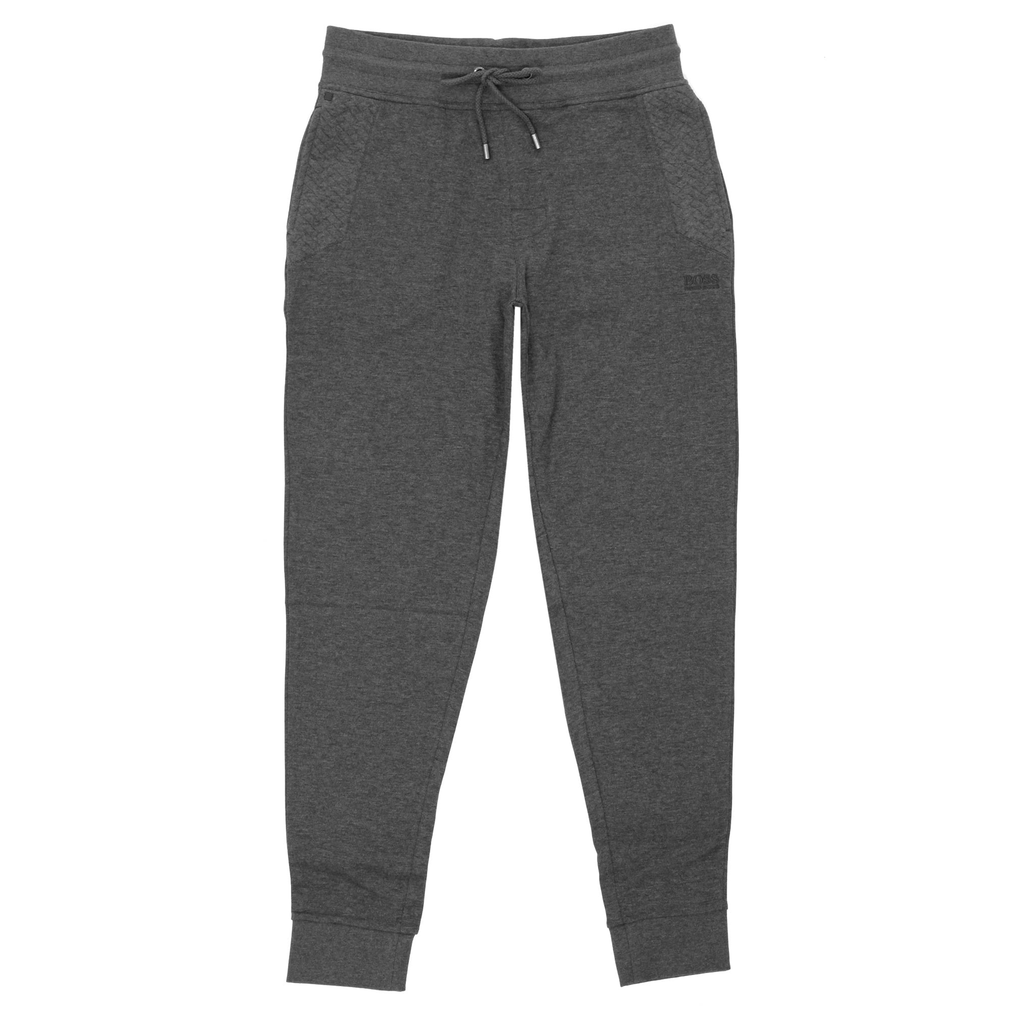 Front view of dark grey BOSS track trousers with an elasticated waistband and cuffs.