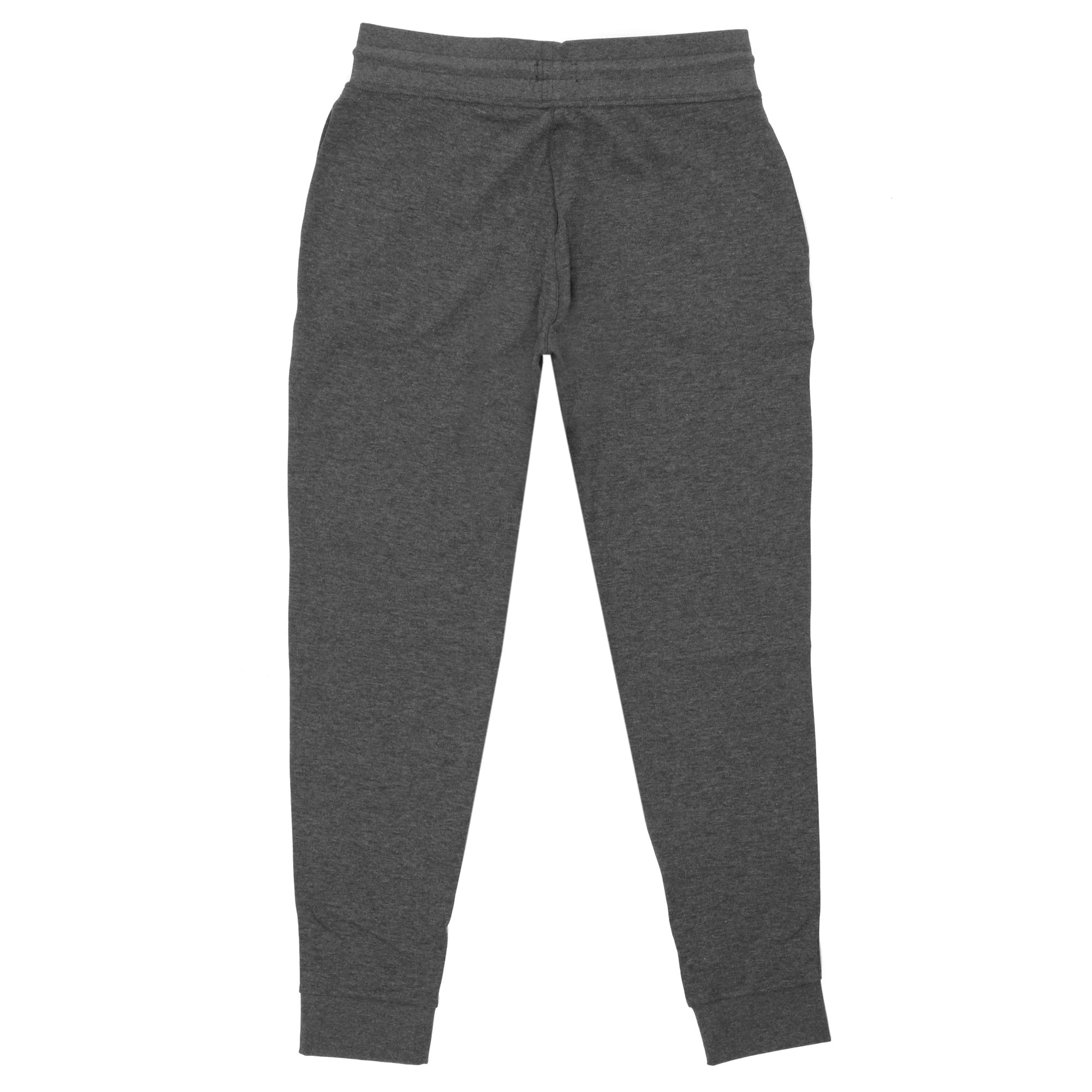 Back view of dark grey BOSS track trousers with an elasticated waistband and cuffs.