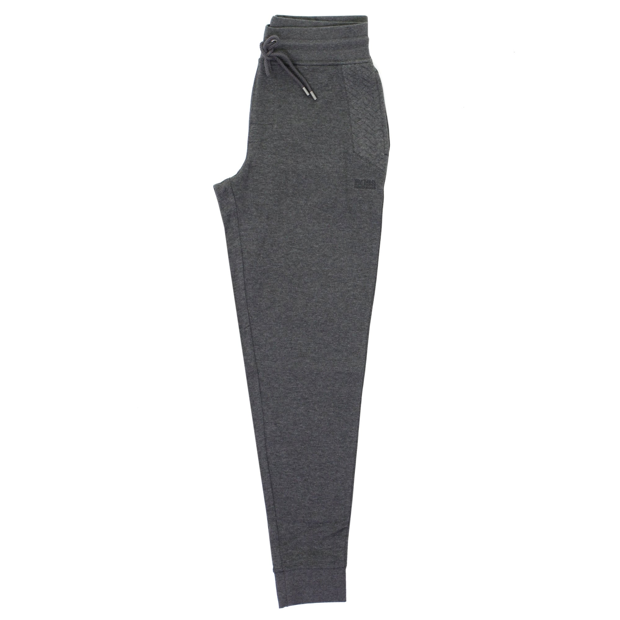 Side view of dark grey BOSS track trousers with an elasticated waistband and cuffs.