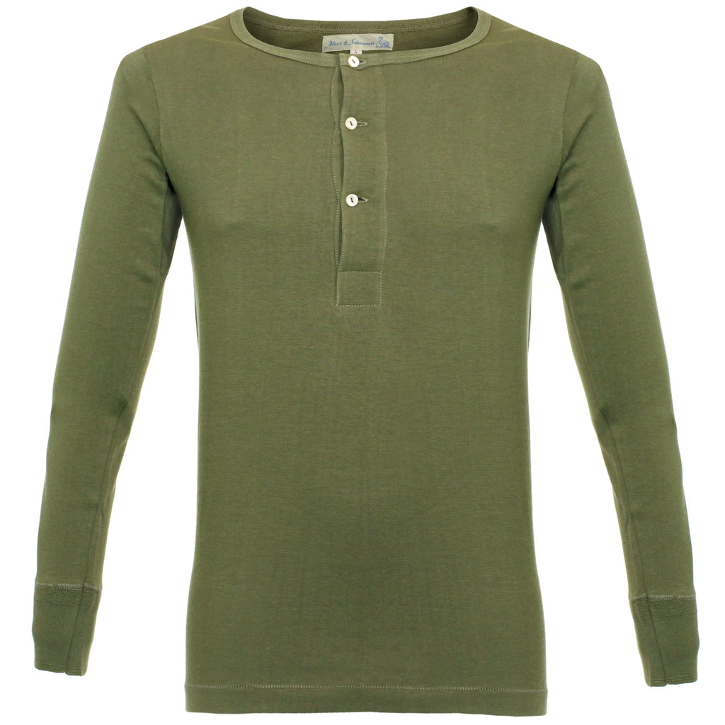 Merz B. Schwanen Button Facing Army Green Henley T-Shirt 206