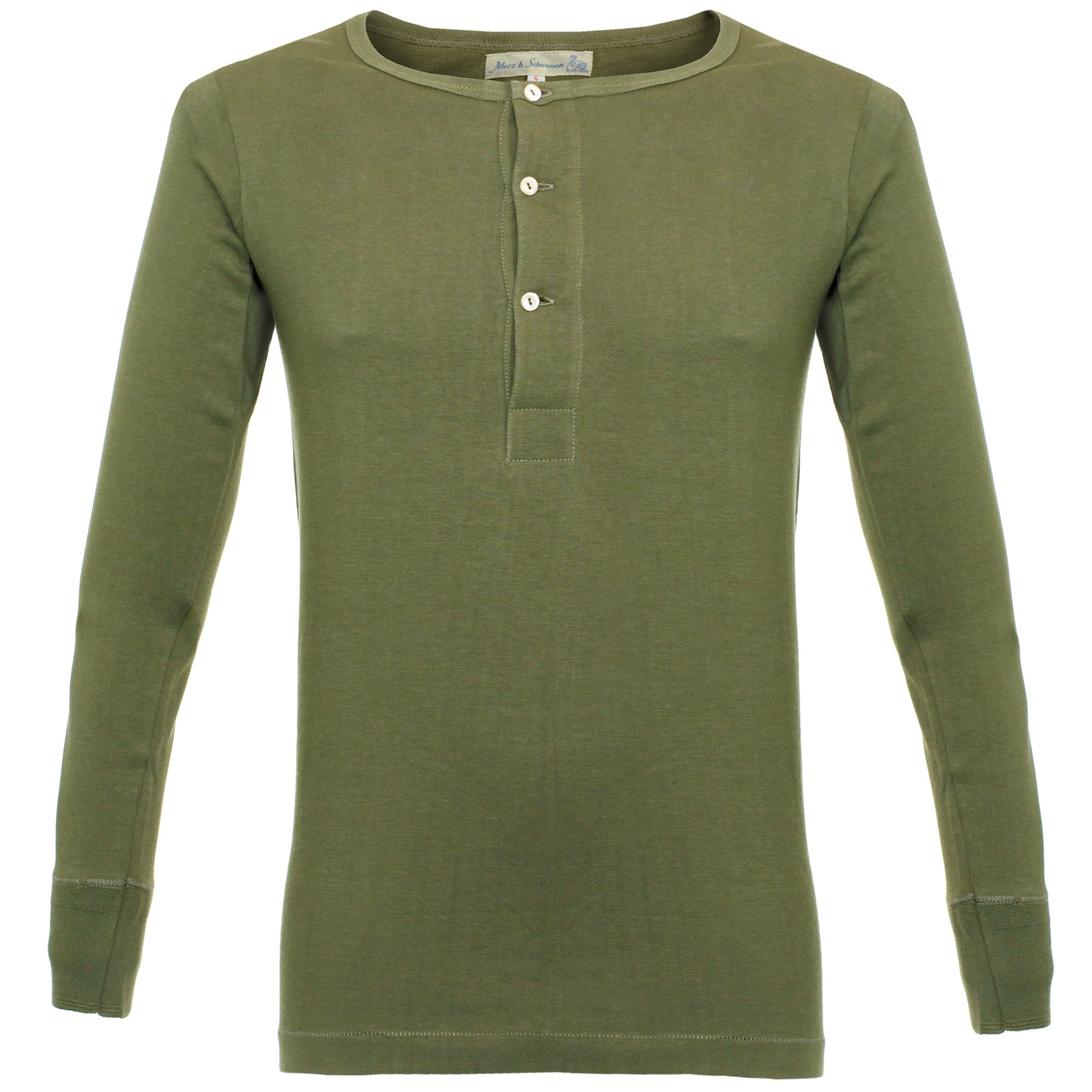 Merz B. Schwanen Button Facing Army Green Henley T-Shirt 206