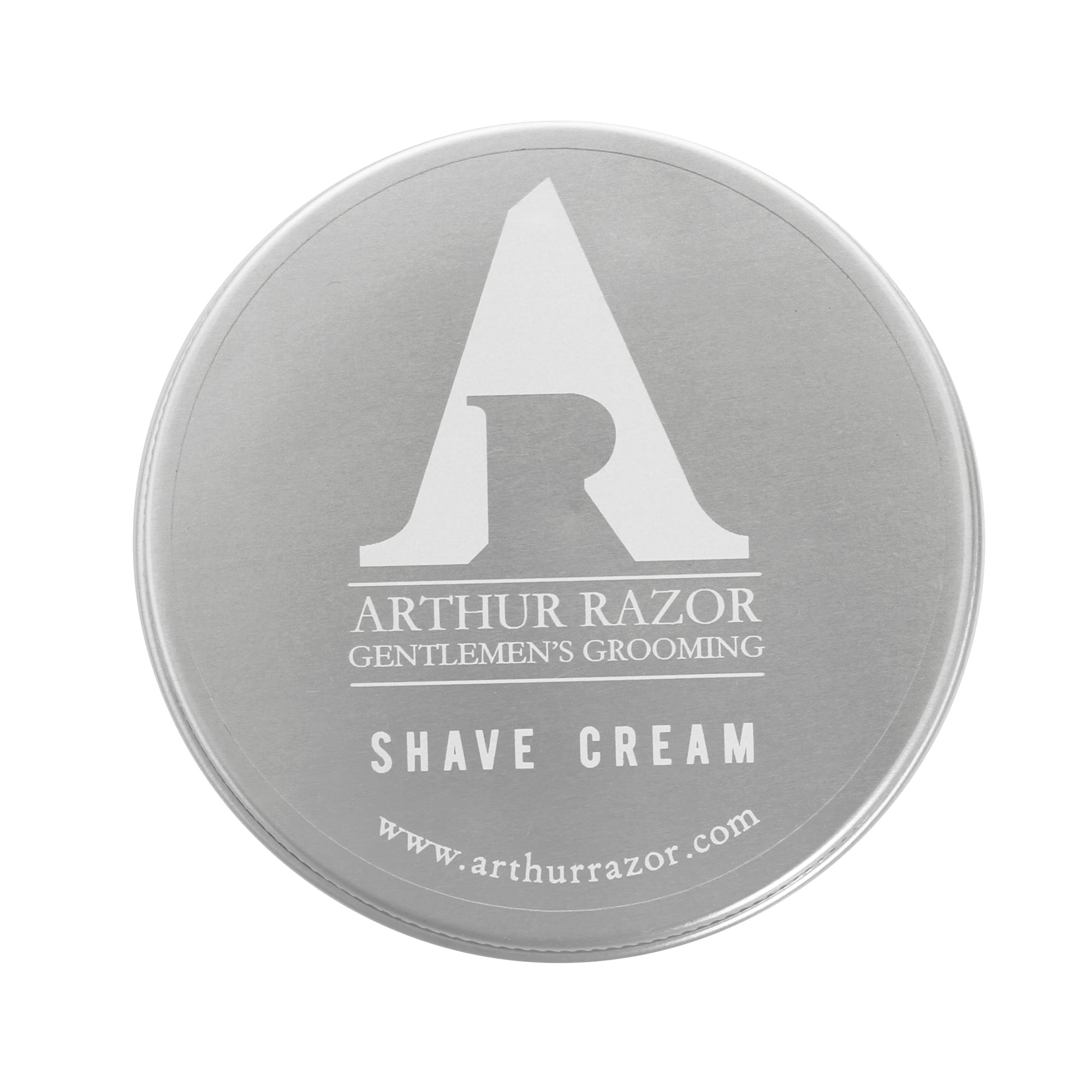 A round silver tin of Arthur Razor Gentlemen's Grooming Shave Cream.