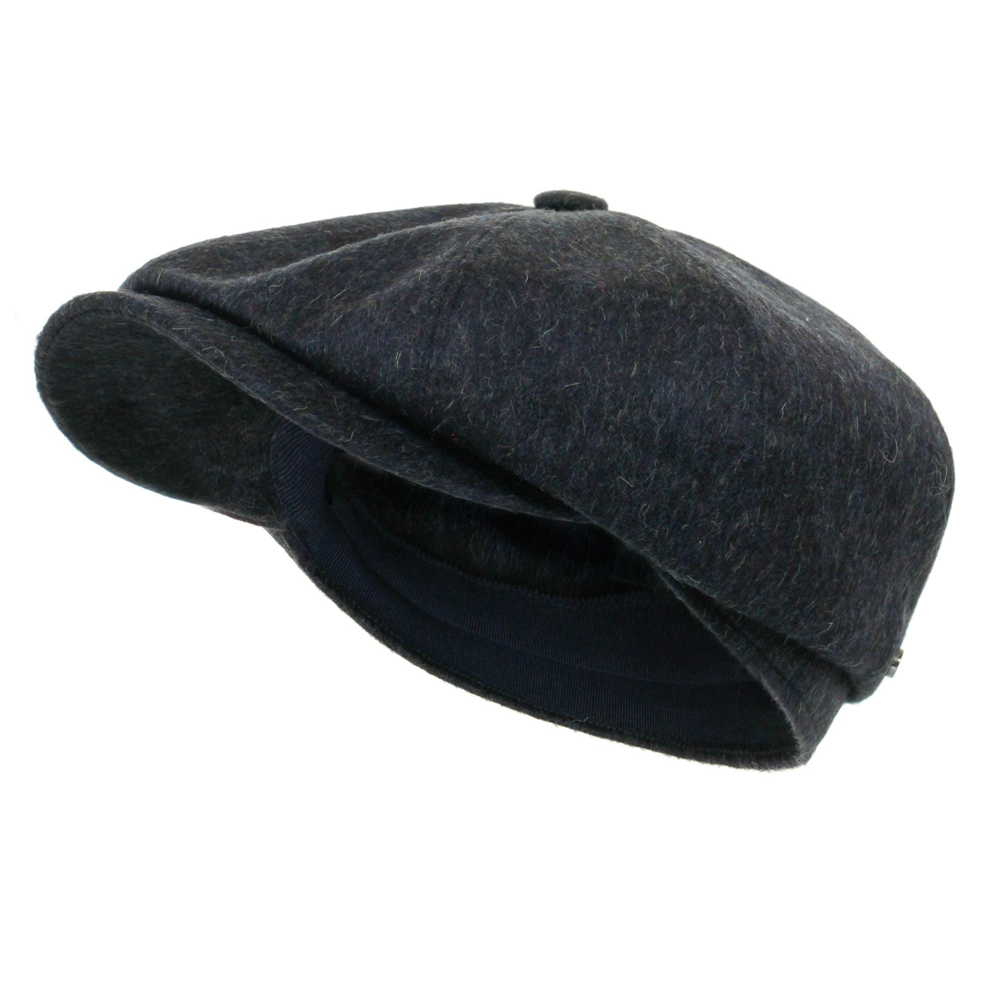 Dark grey herringbone flat cap from the left, showing the underside of the brim and interior.