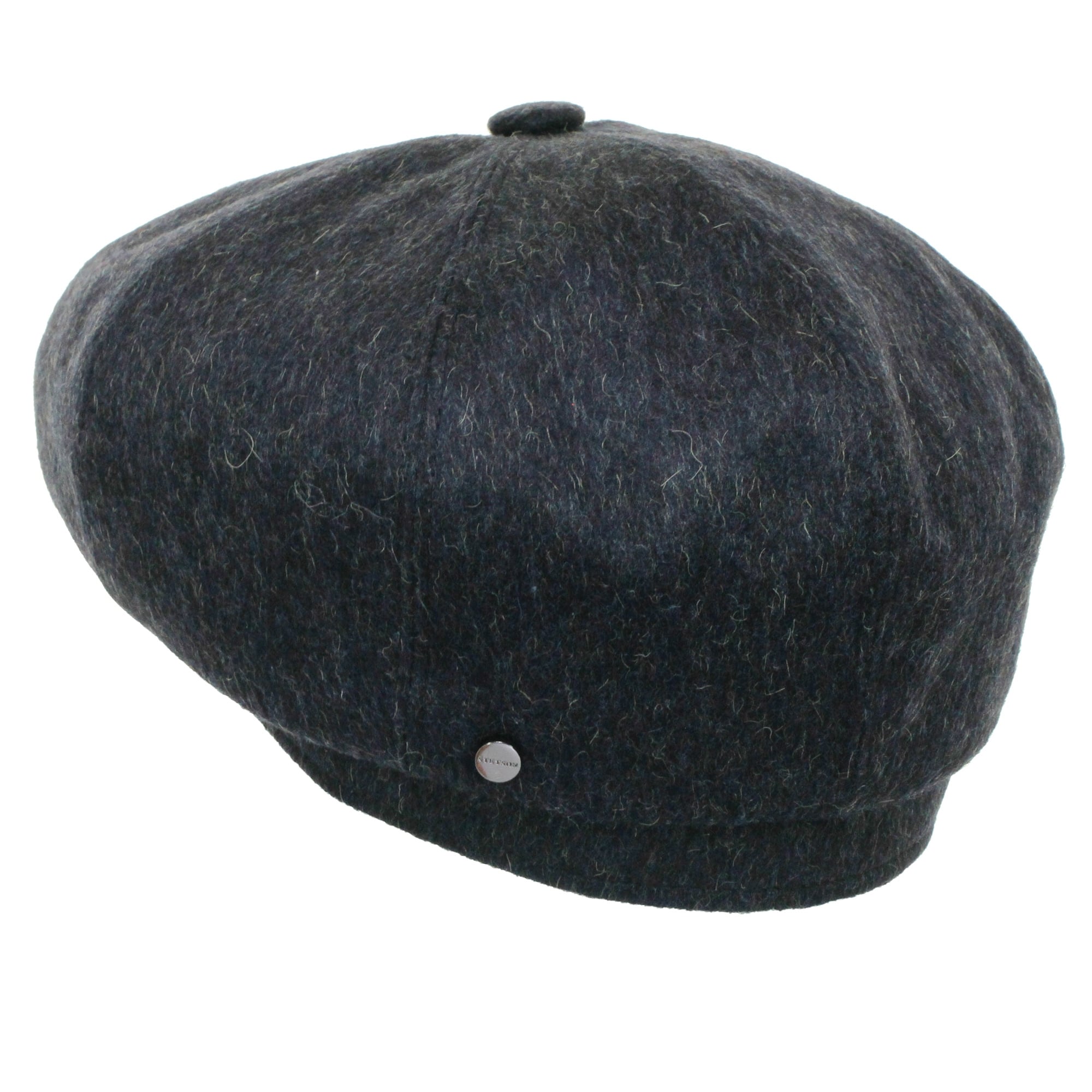 Dark grey herringbone flat cap from above and to the side, showing a decorative button.