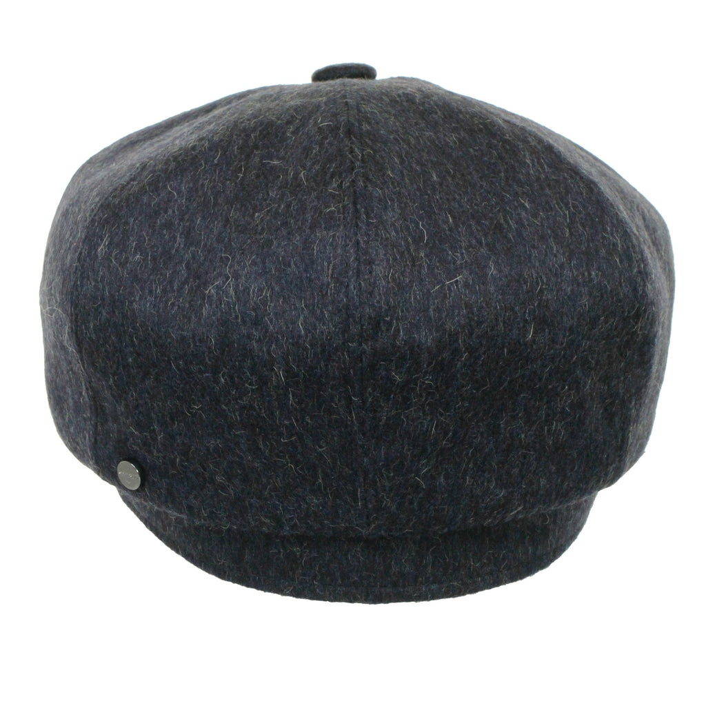 Dark grey herringbone flat cap from the front, showing the top and a decorative button.