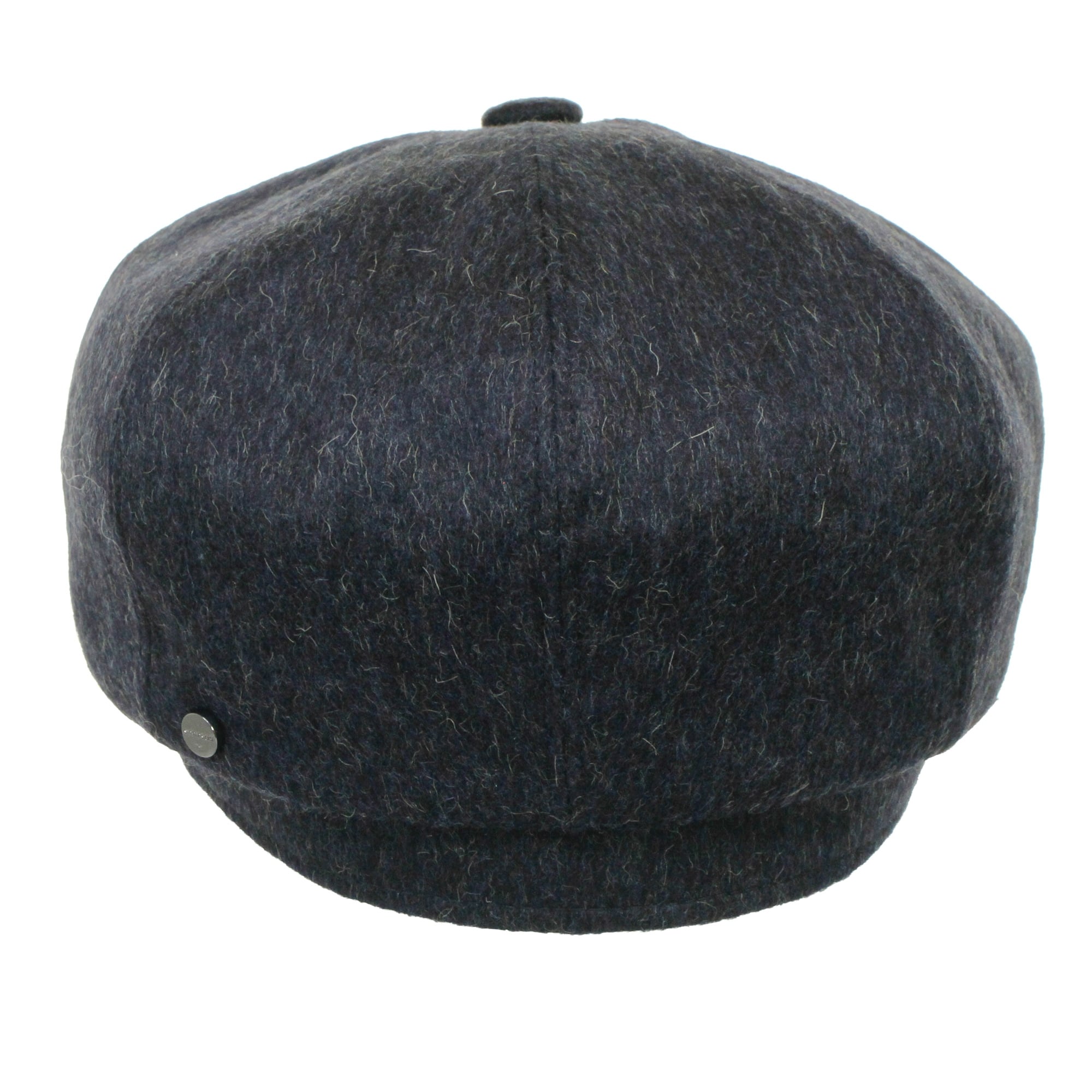 Dark grey herringbone flat cap from the front, showing the top and a decorative button.