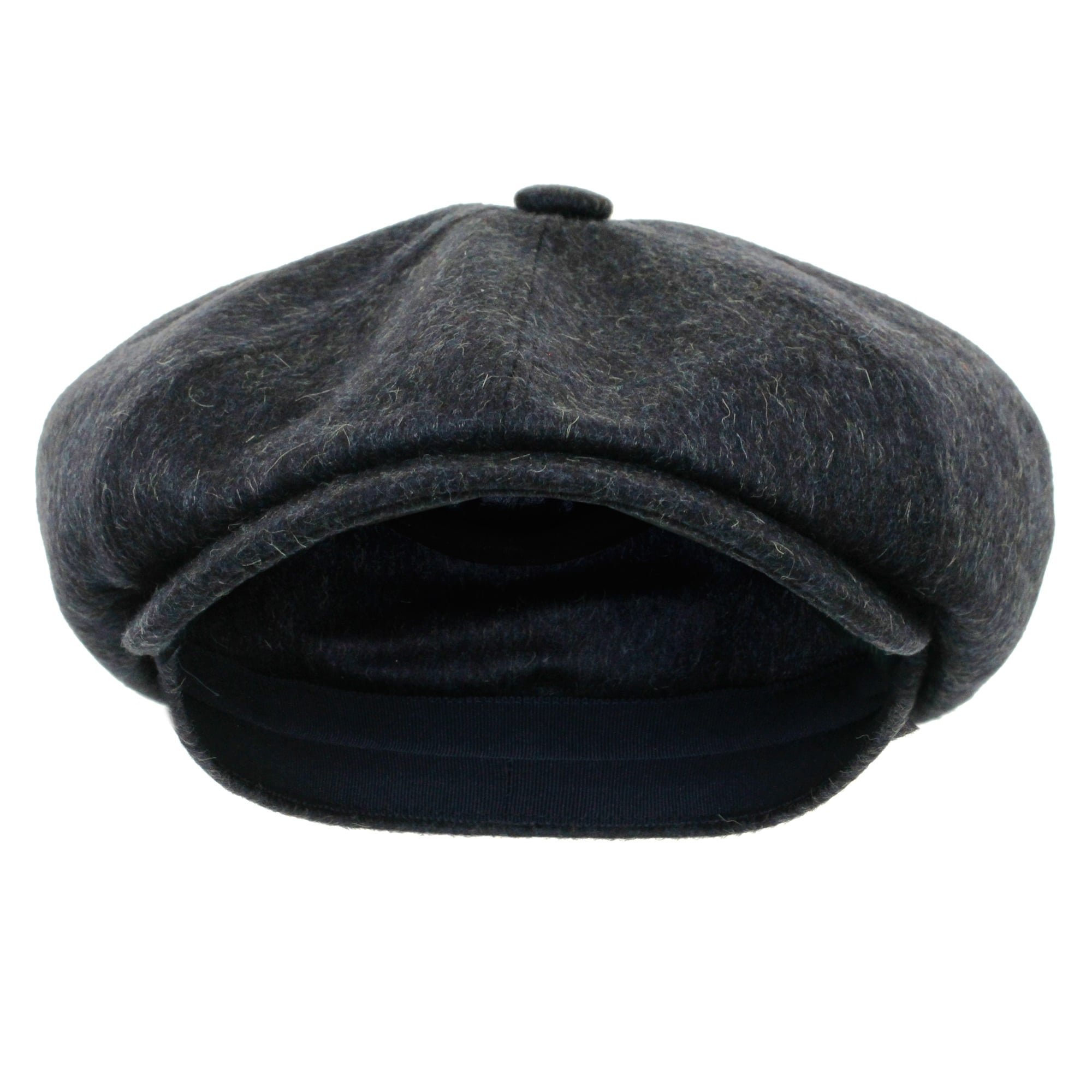 Dark grey herringbone flat cap from the front, showing the brim and interior lining.