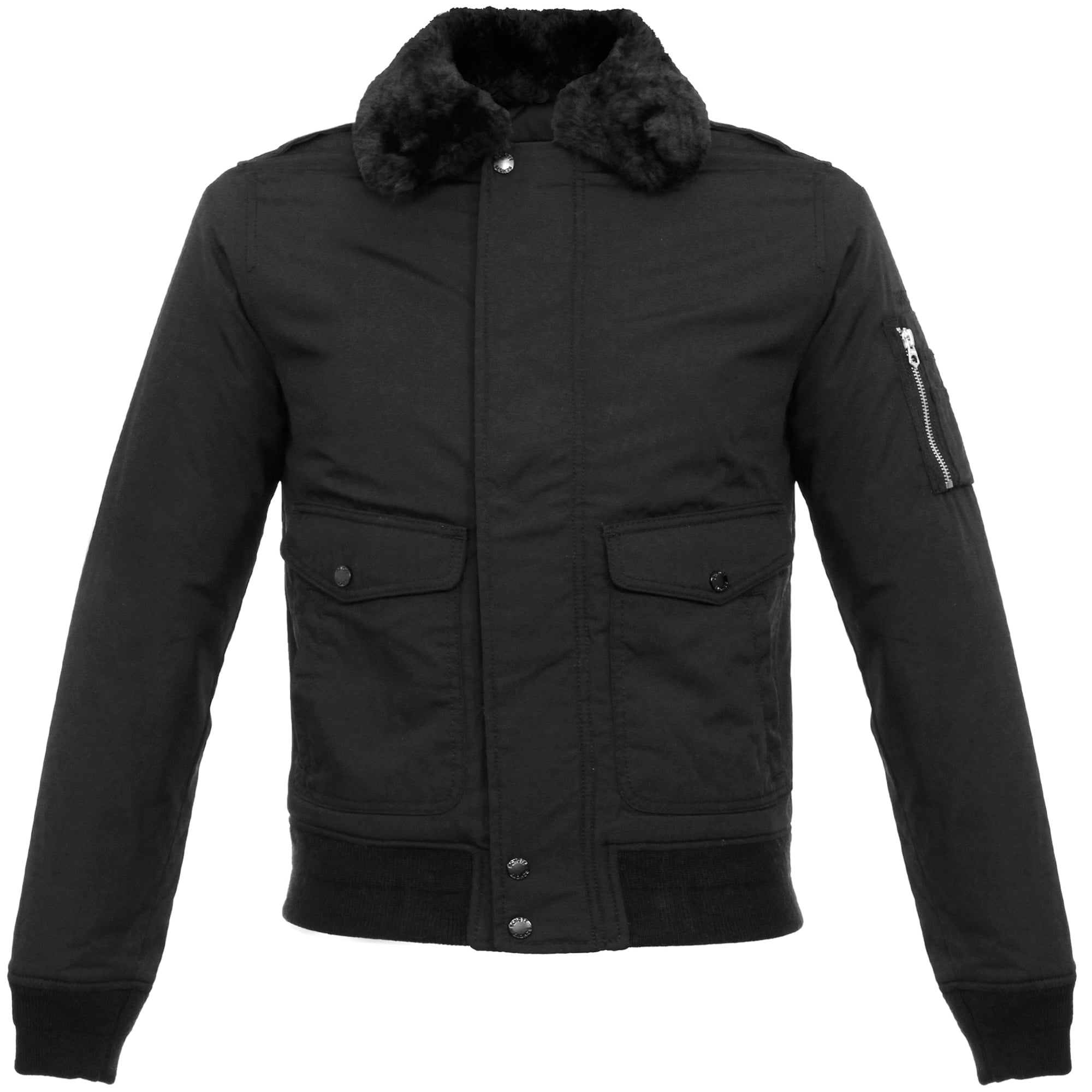 A black bomber jacket with a fur collar, front view.