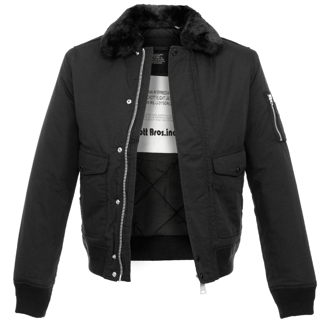 An open black bomber jacket with a fur collar, revealing the inner lining.
