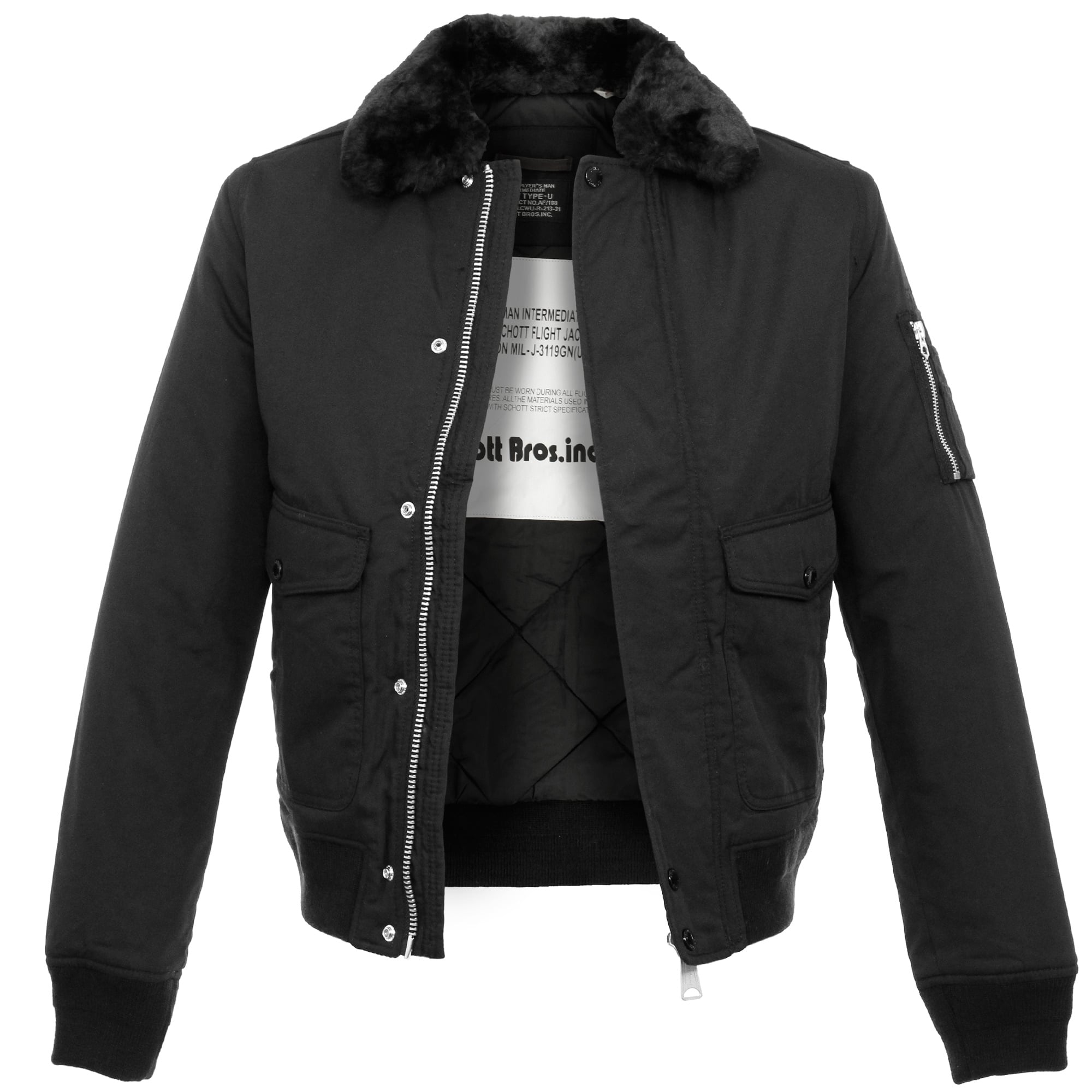 An open black bomber jacket with a fur collar, revealing the inner lining.