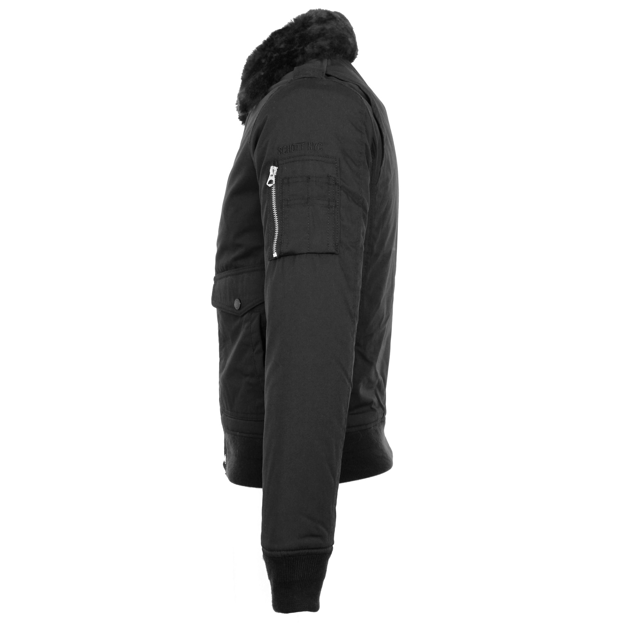 A black bomber jacket with a fur collar, side view.