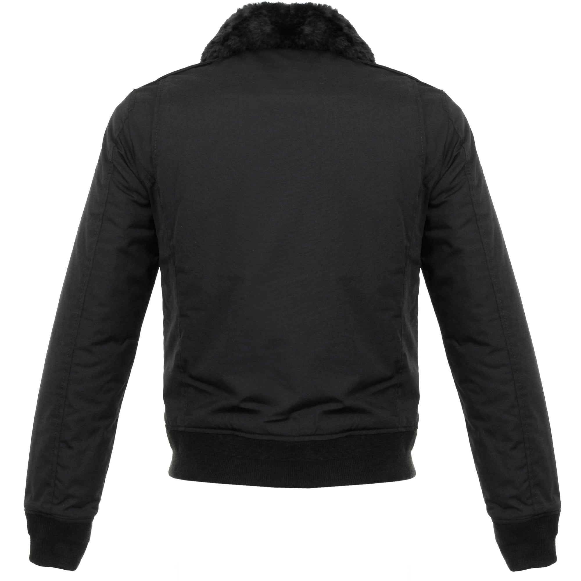 A black bomber jacket with a fur collar, back view.