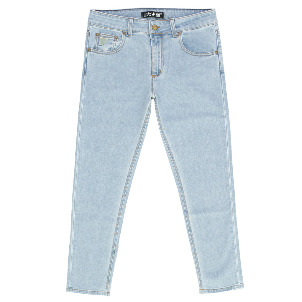 Front view of light blue denim jeans with a slight taper and minimal distressing.