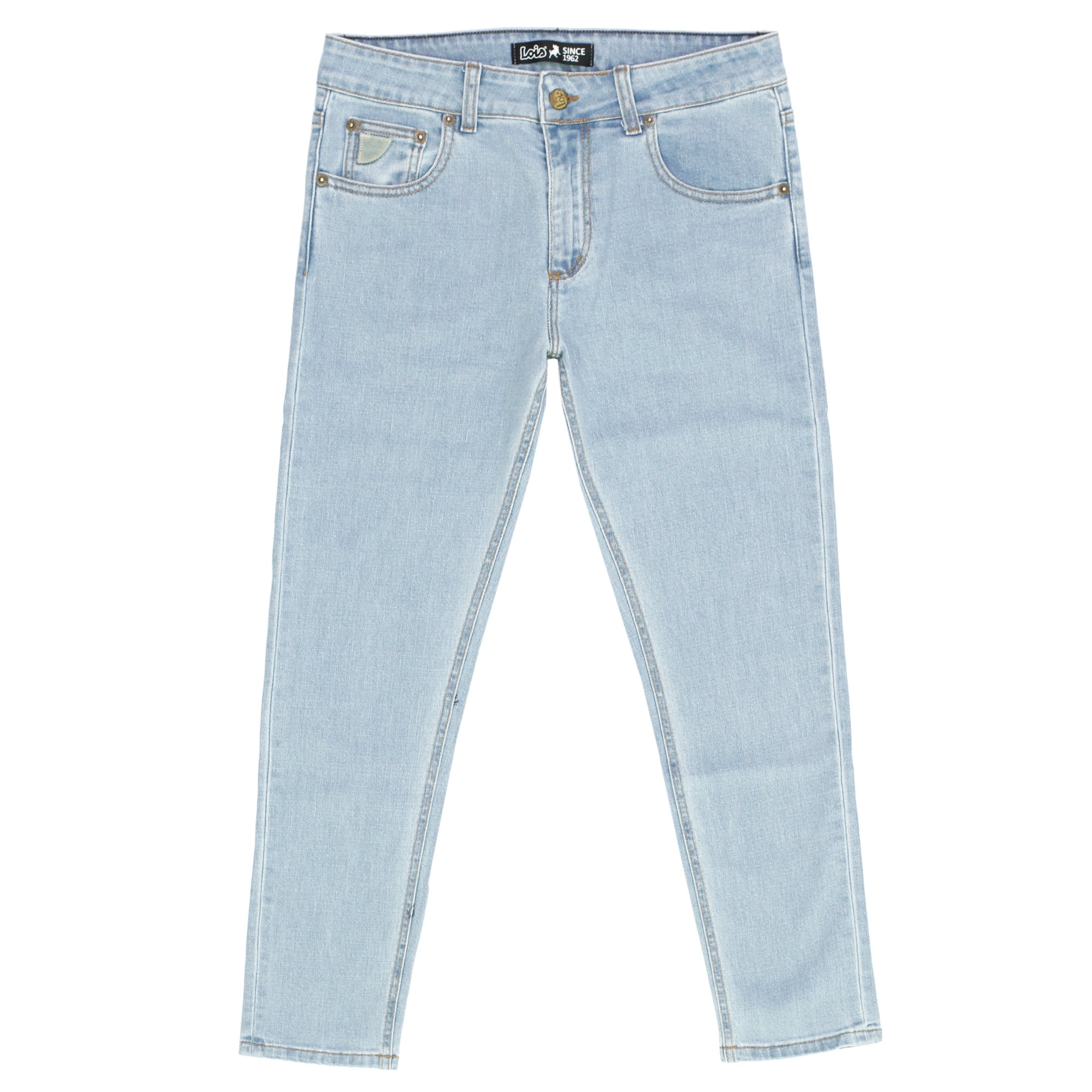 Front view of light blue denim jeans with a slight taper and minimal distressing.