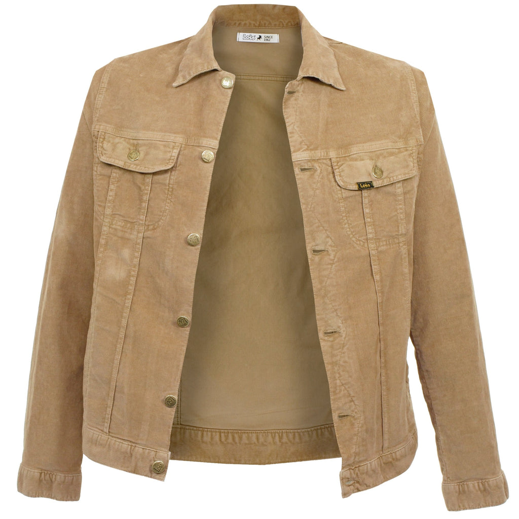 The Lois Jumbo Cord Jacket in Dusty Sand, unbuttoned.