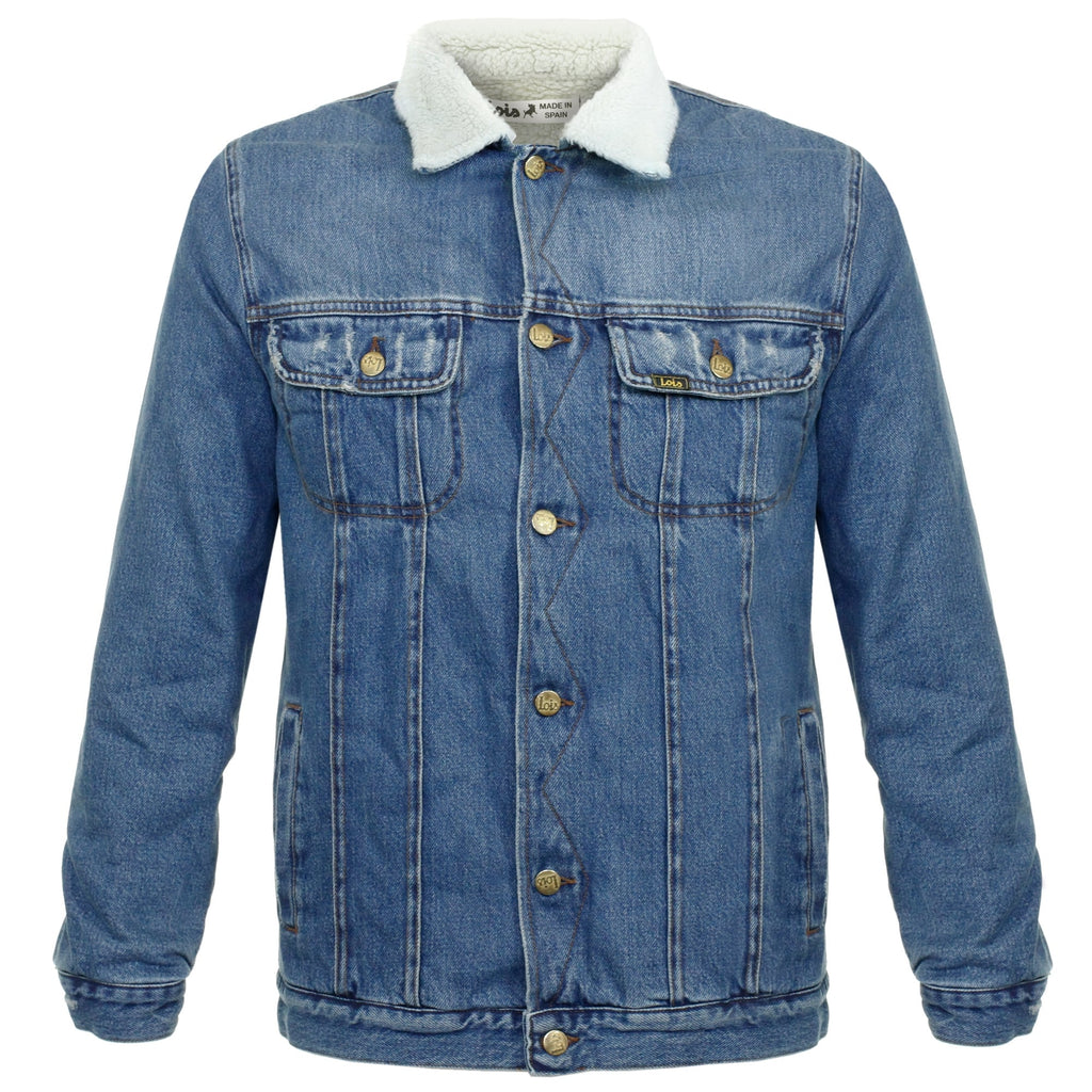 A close-up view of the front of the blue denim jacket with its buttons fastened.