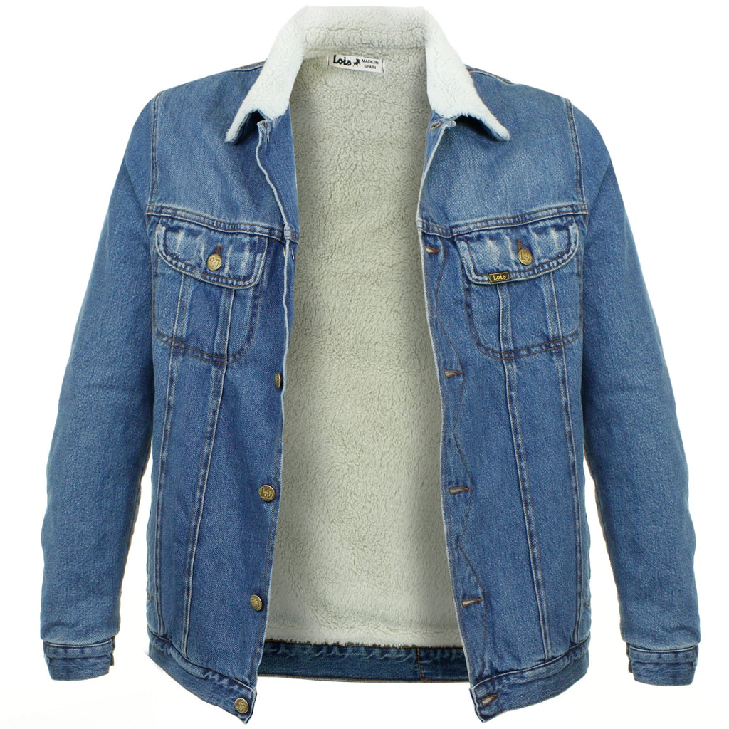 A close-up view of the blue denim jacket with its buttons undone, showing the fleece lining.