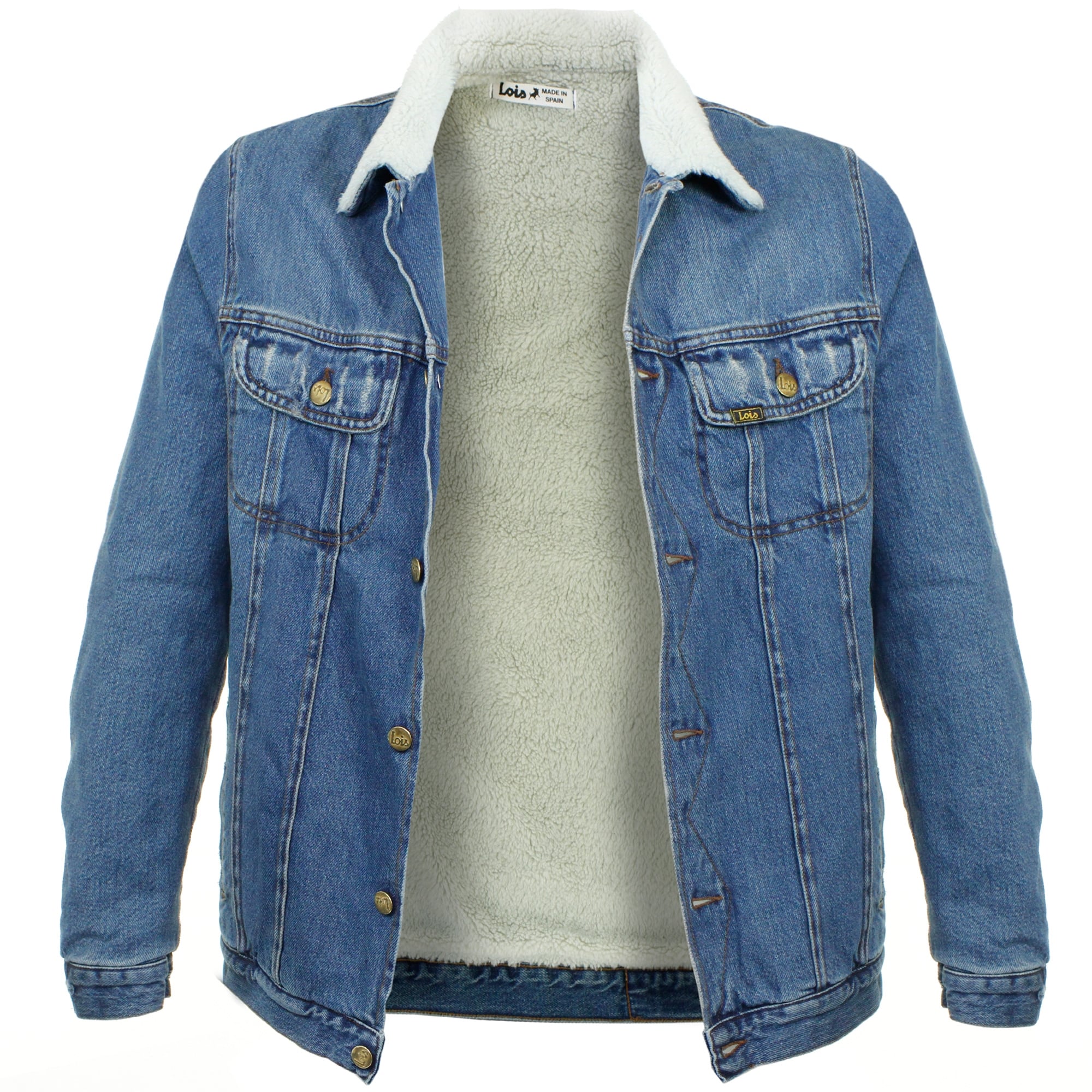 A close-up view of the blue denim jacket with its buttons undone, showing the fleece lining.