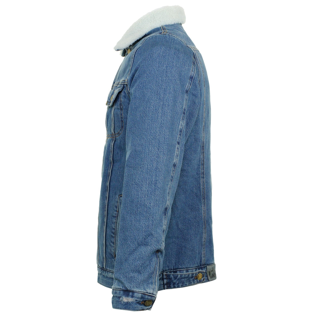 A side view of the blue denim jacket, showing the fit and the fleece collar detail.