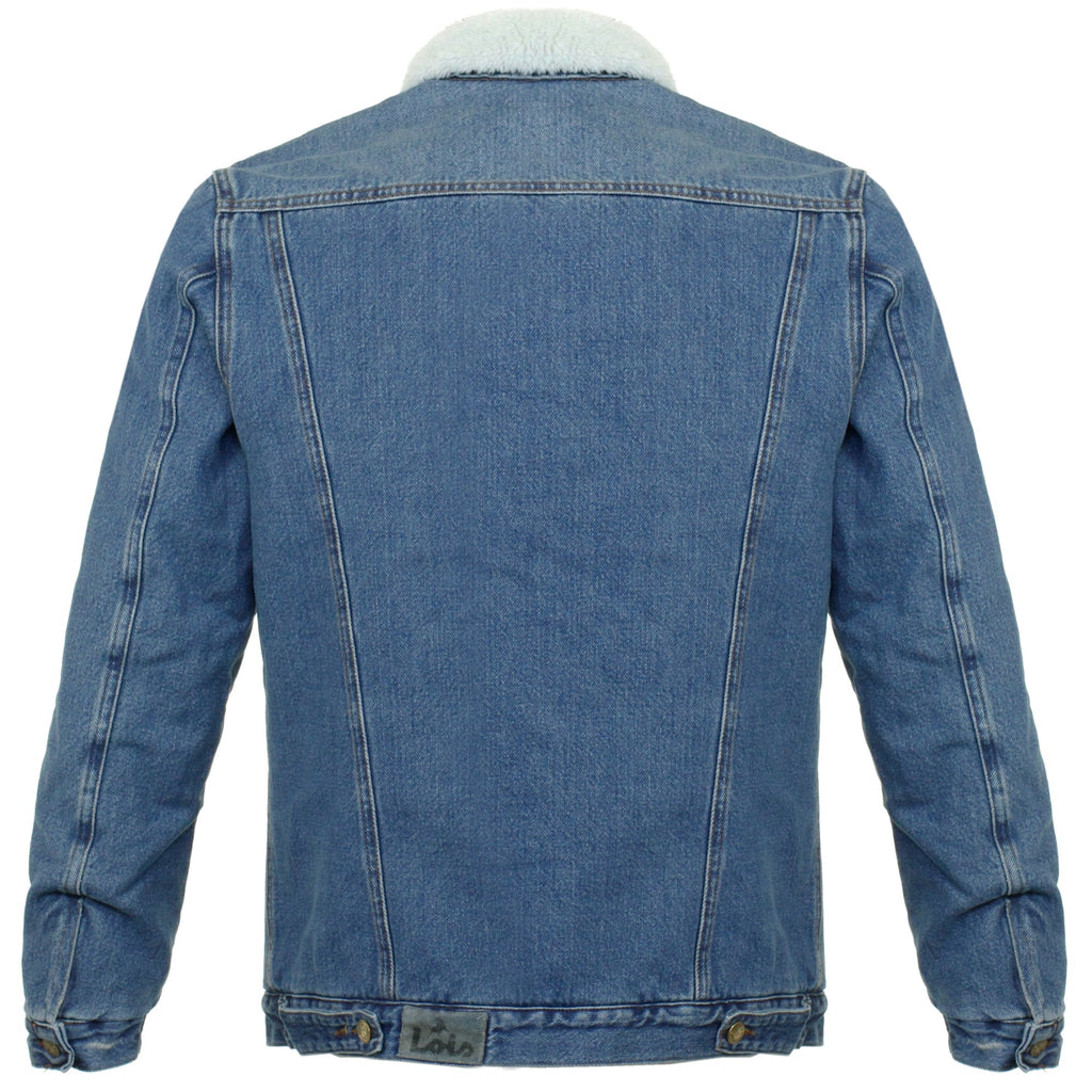 A rear view of the blue denim jacket, highlighting the back panel and collar.