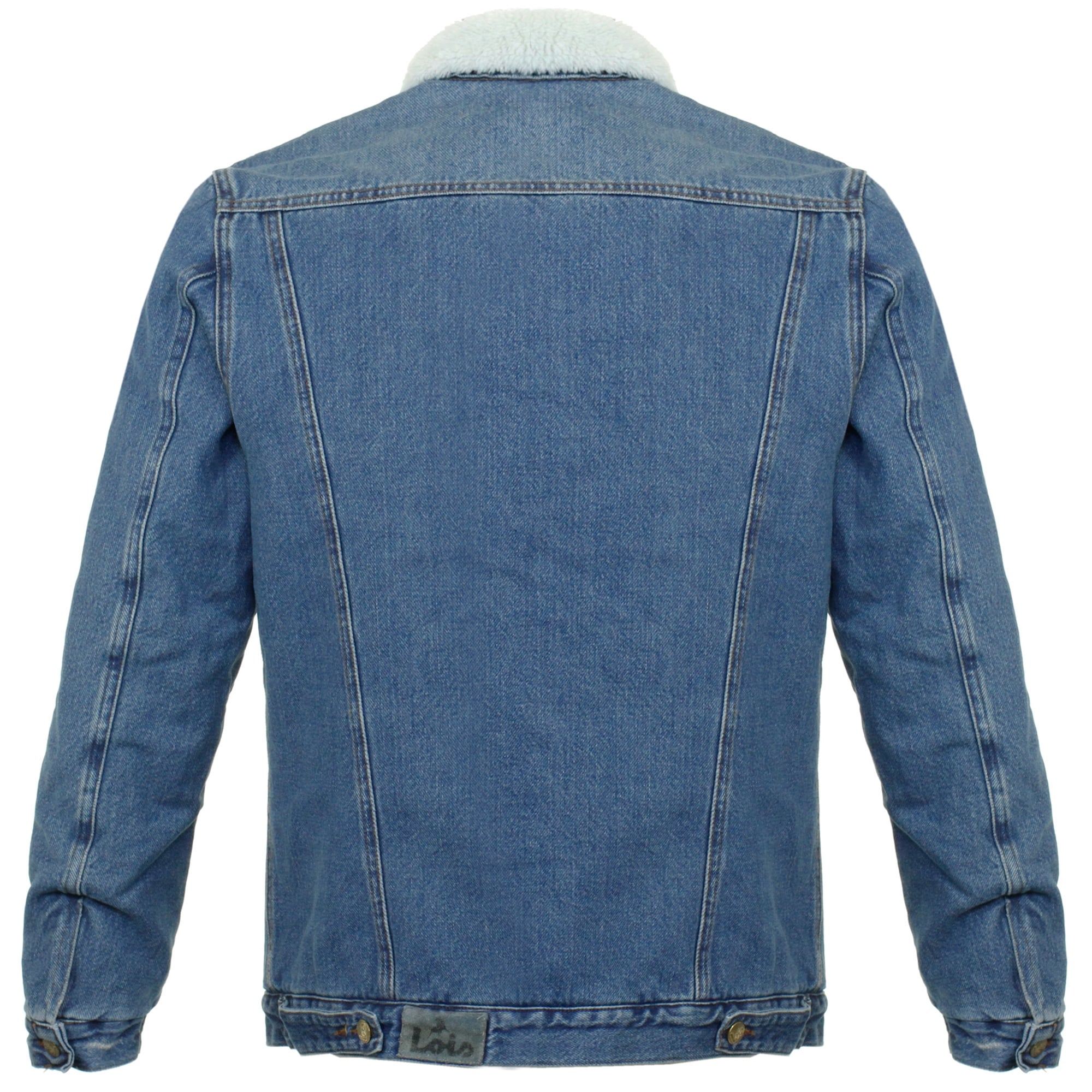A rear view of the blue denim jacket, highlighting the back panel and collar.