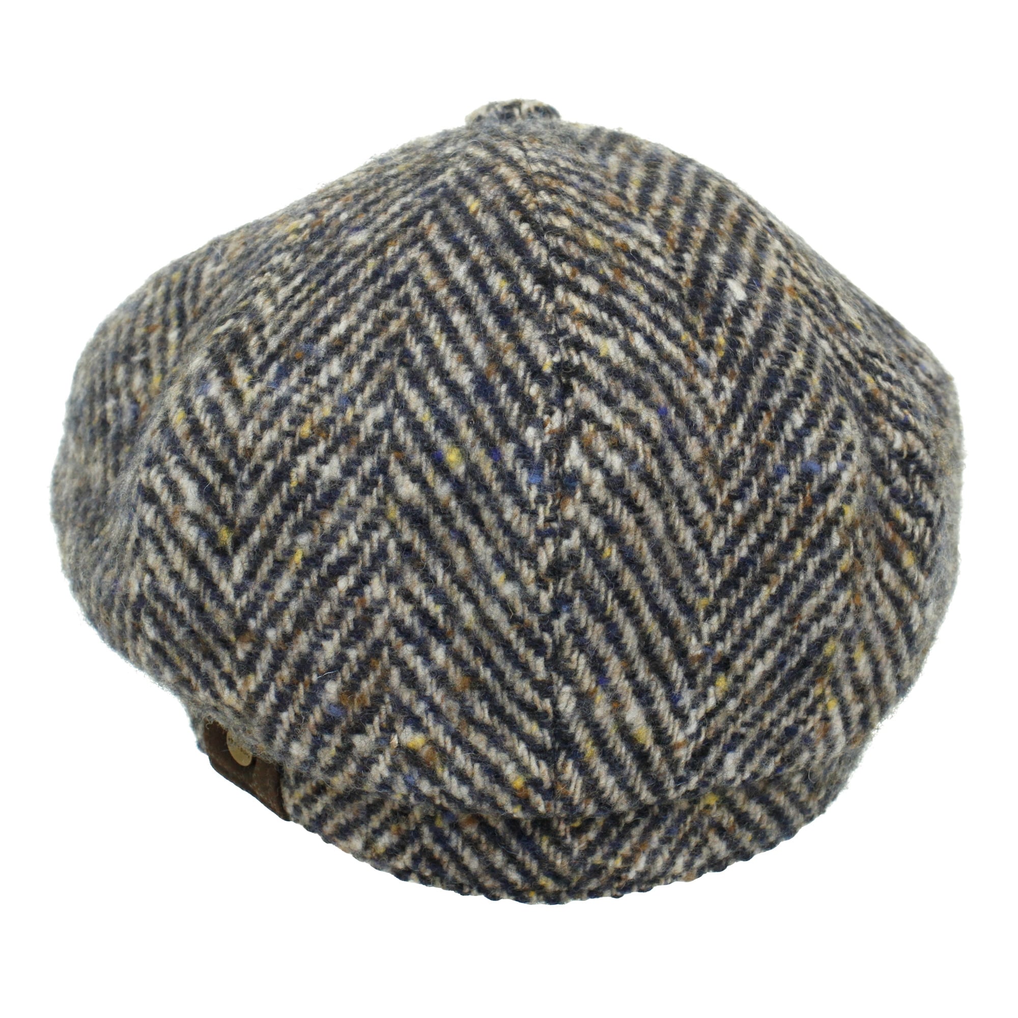 A grey and brown herringbone tweed flat cap, displayed from directly above.