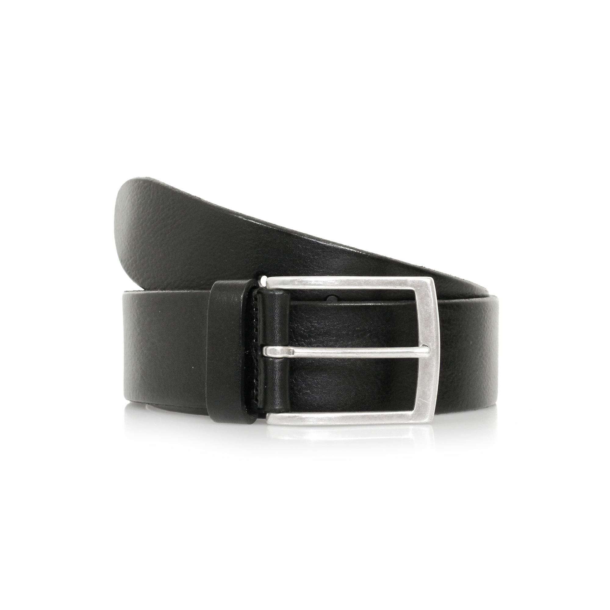 Classic black leather belt with a sleek silver buckle, perfect for formal or casual wear.