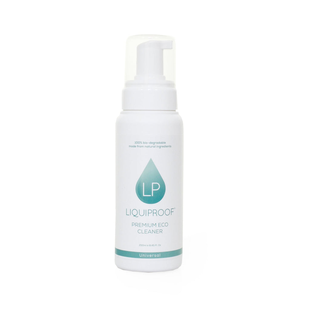 A white bottle of Liquiproof Premium Eco-Cleaner with a teal droplet logo.