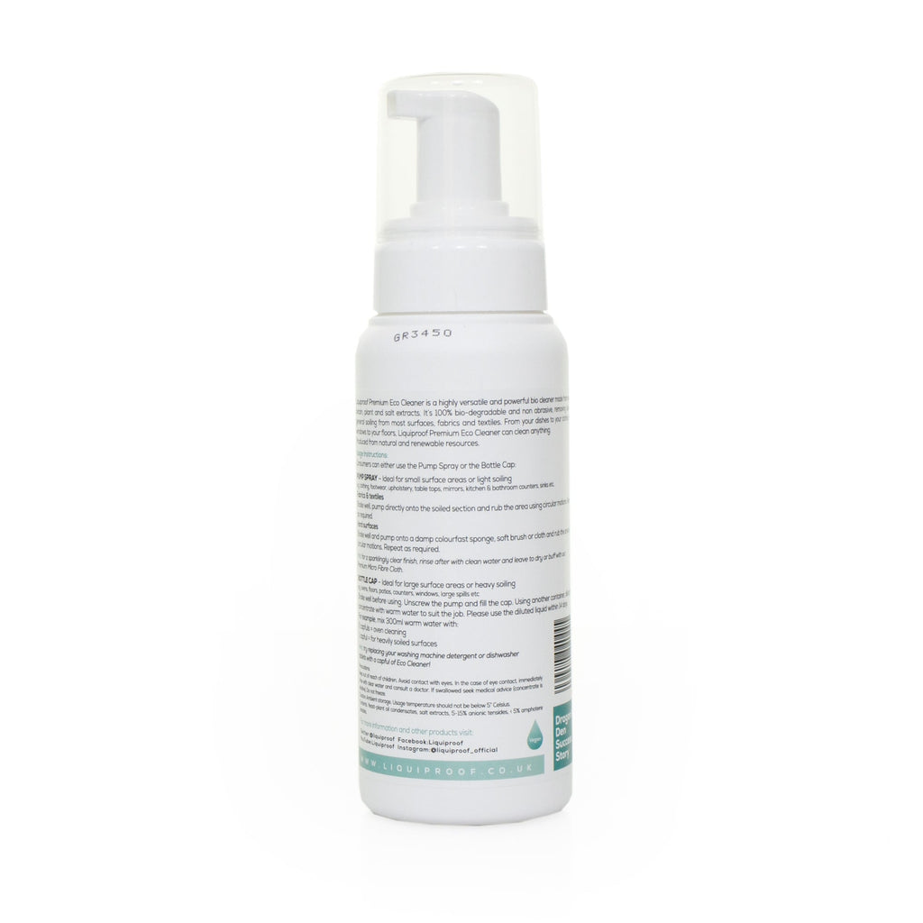 Rear view of a white bottle of Liquiproof Premium Eco-Cleaner displaying product information.