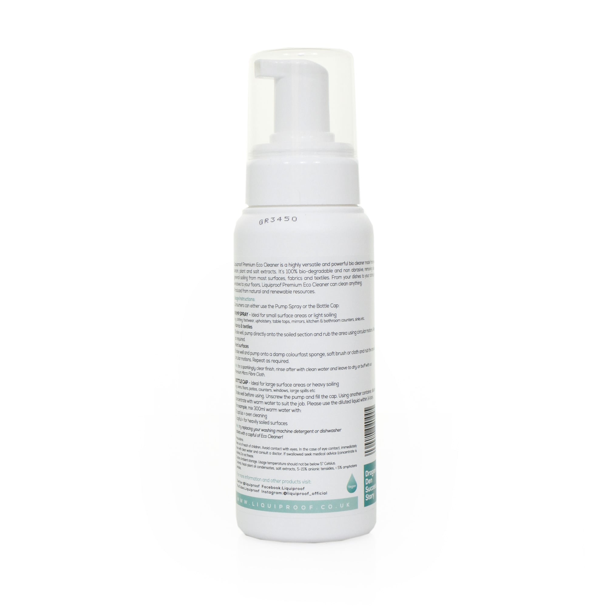 Rear view of a white bottle of Liquiproof Premium Eco-Cleaner displaying product information.