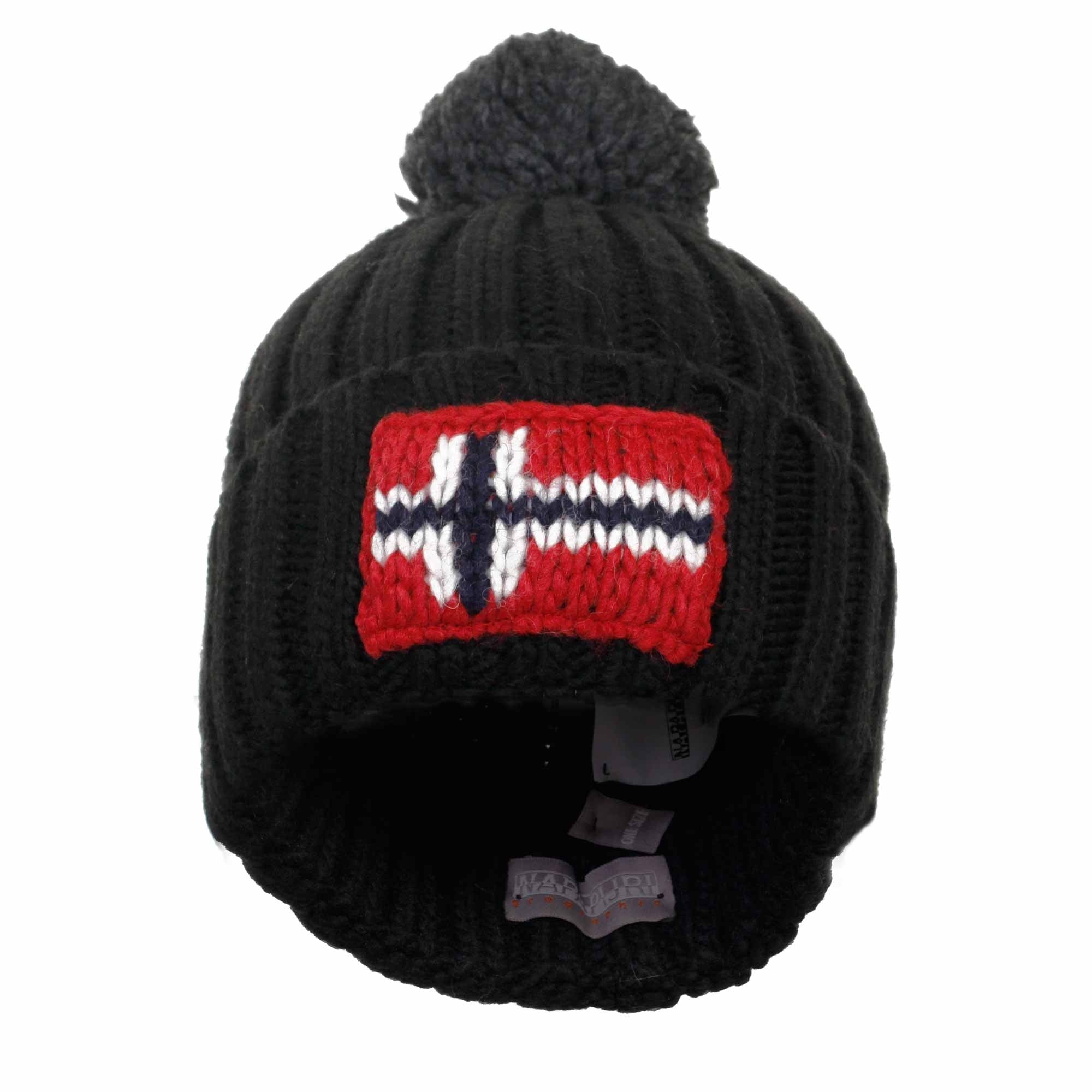 A black knitted bobble hat with a red, white, and blue Norwegian flag patch.