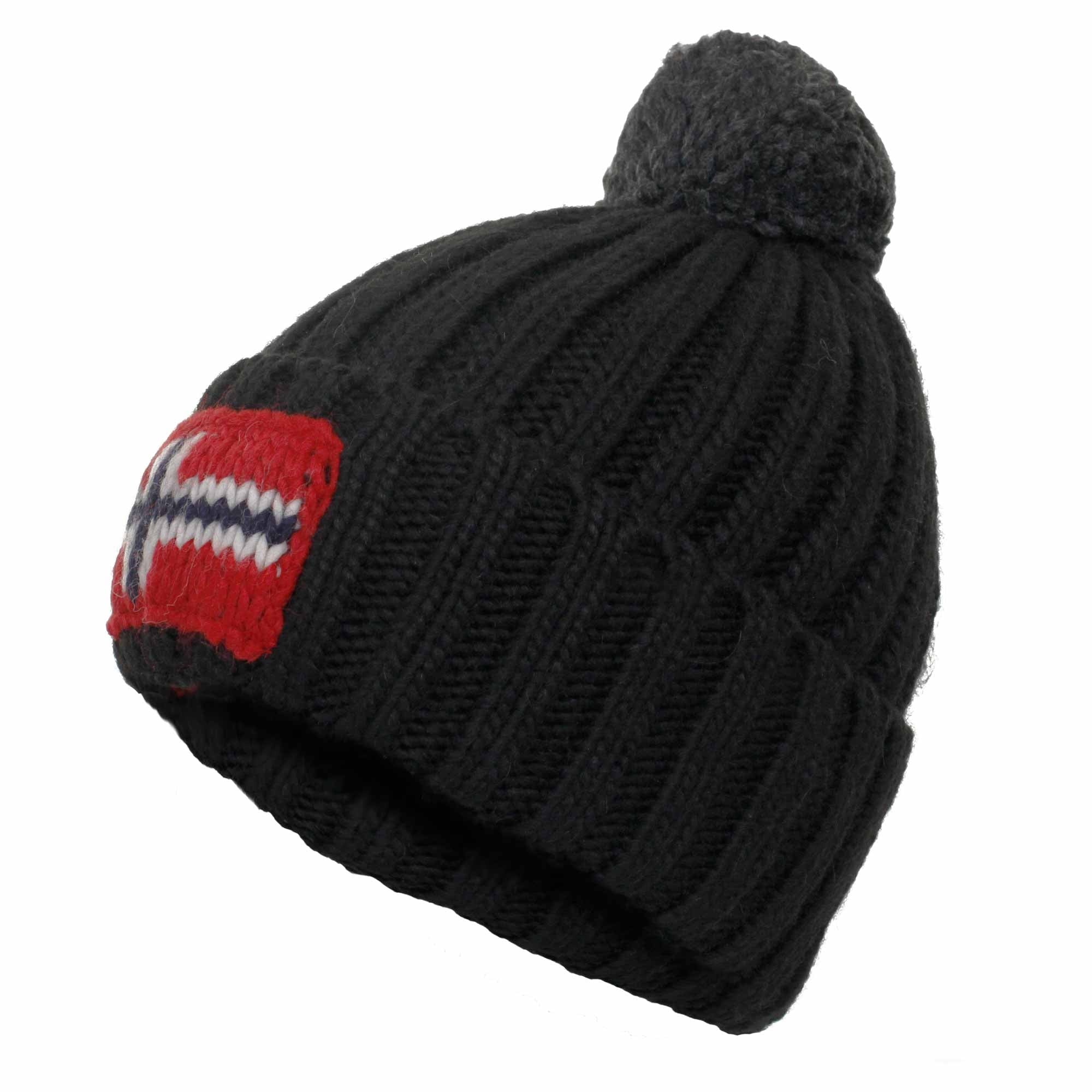 A black knitted bobble hat with a Norwegian flag patch, angled slightly to the left.