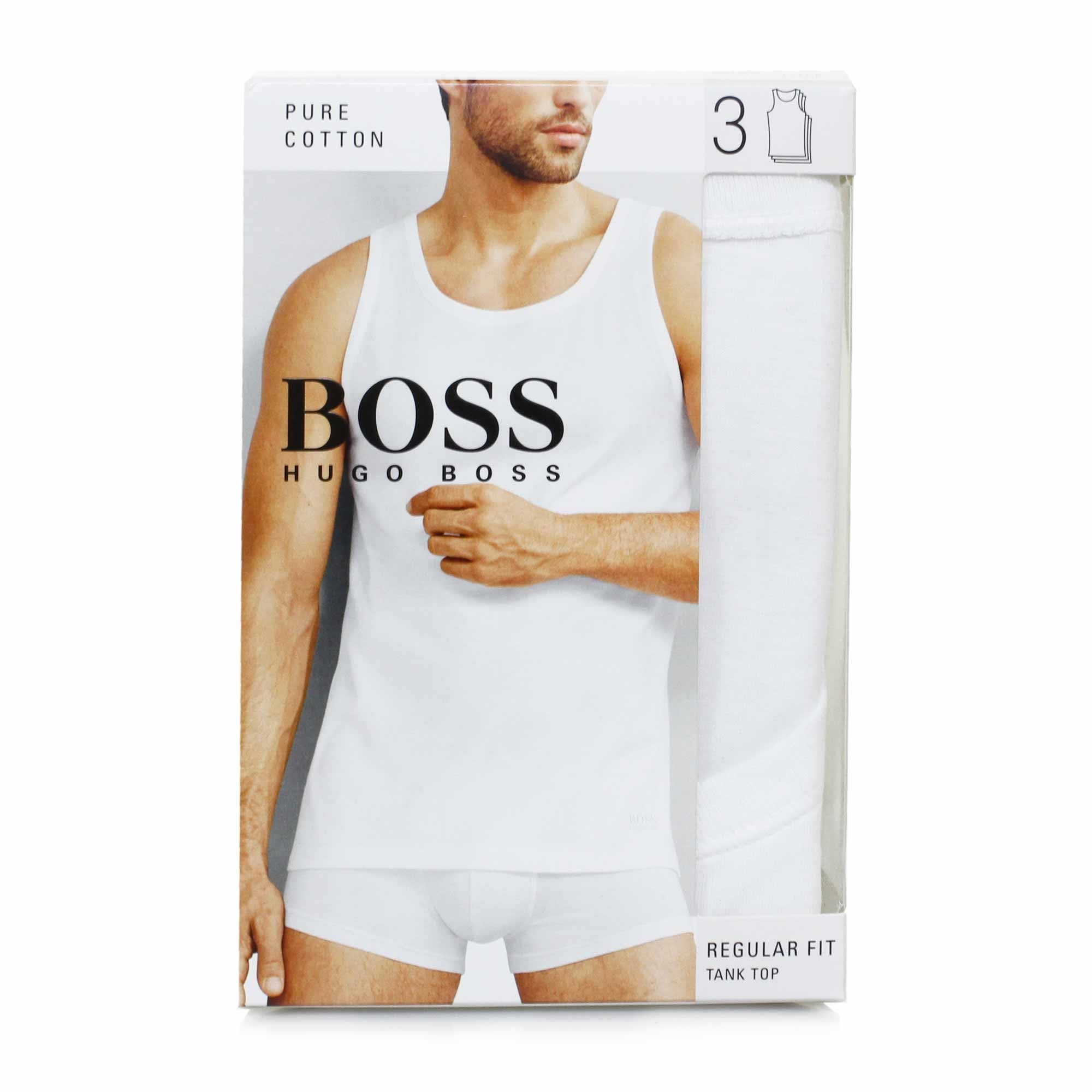Front of the BOSS Hugo Boss 3-pack regular fit tank top on a male model.