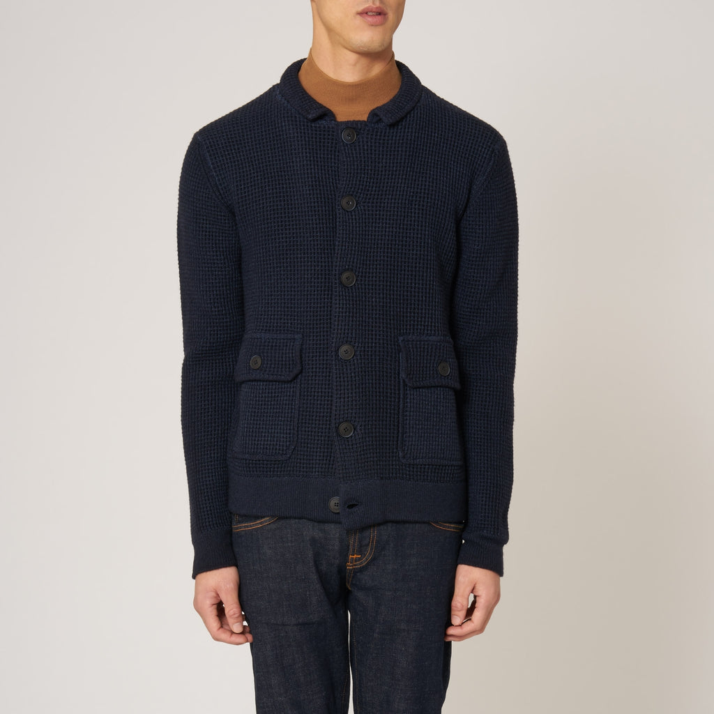 Hackett London Navy Merino Wool Waffle Knit Cardigan