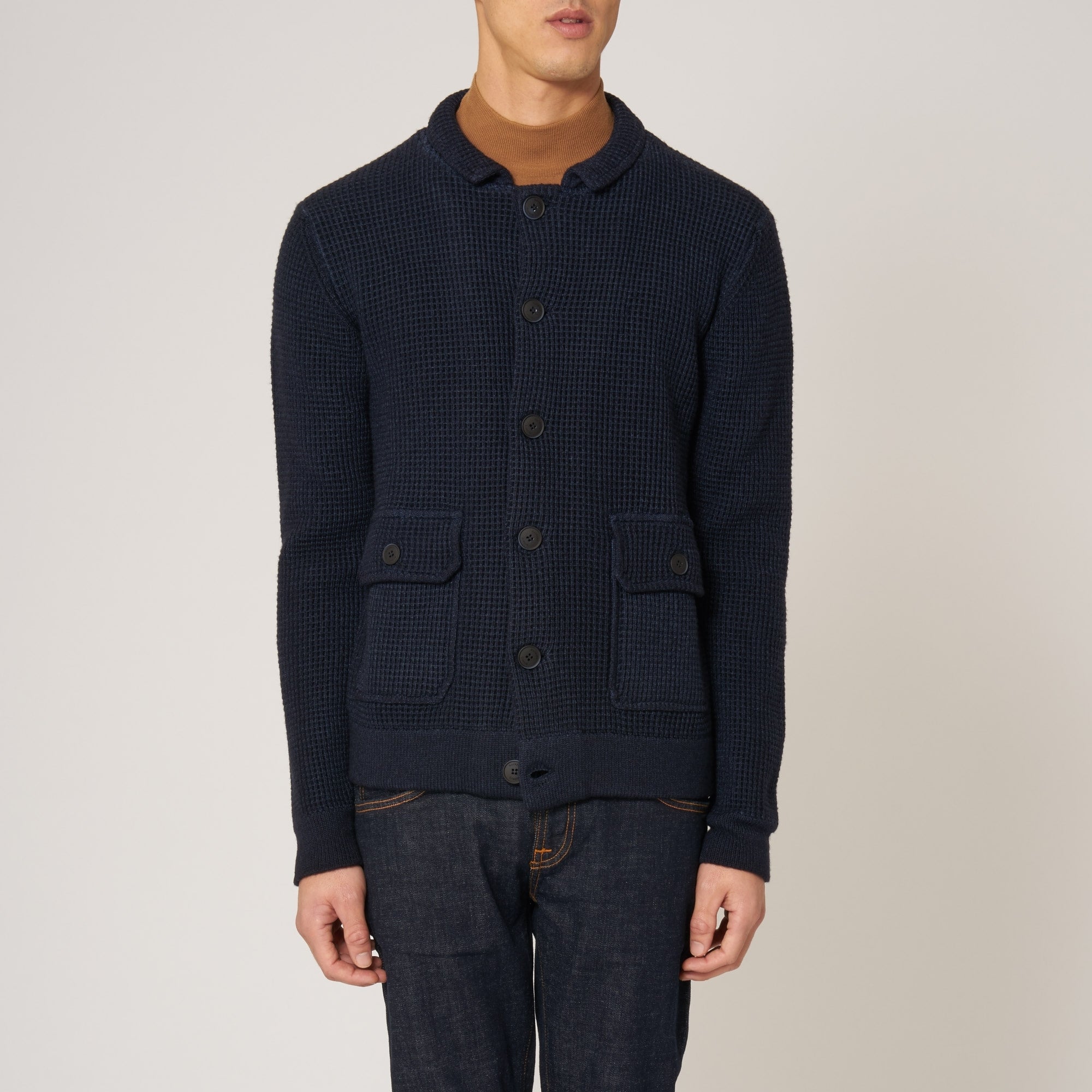 Hackett London Navy Merino Wool Waffle Knit Cardigan