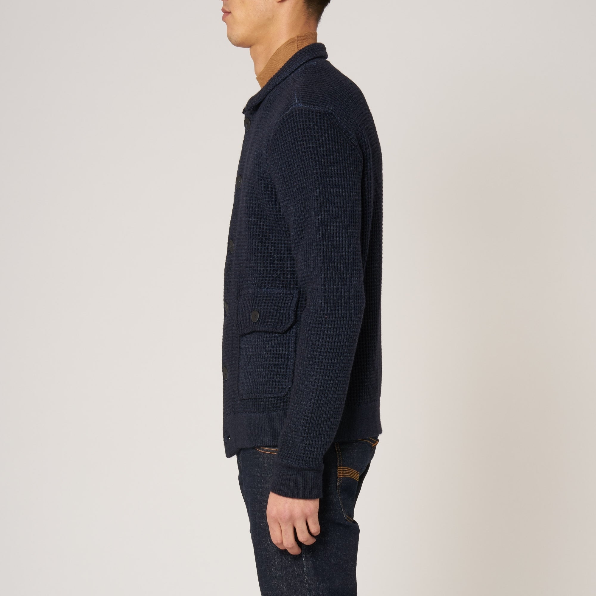 Hackett London Navy Merino Wool Waffle Knit Cardigan