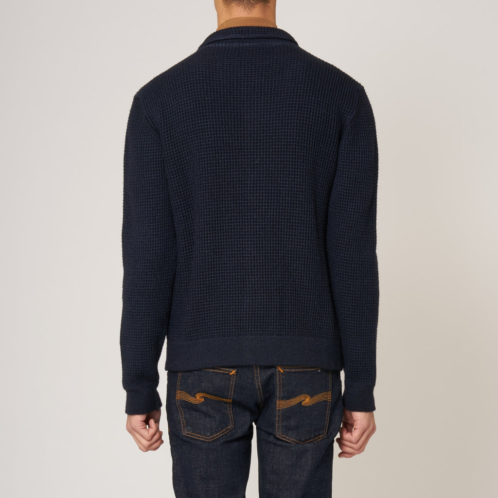 Hackett London Navy Merino Wool Waffle Knit Cardigan