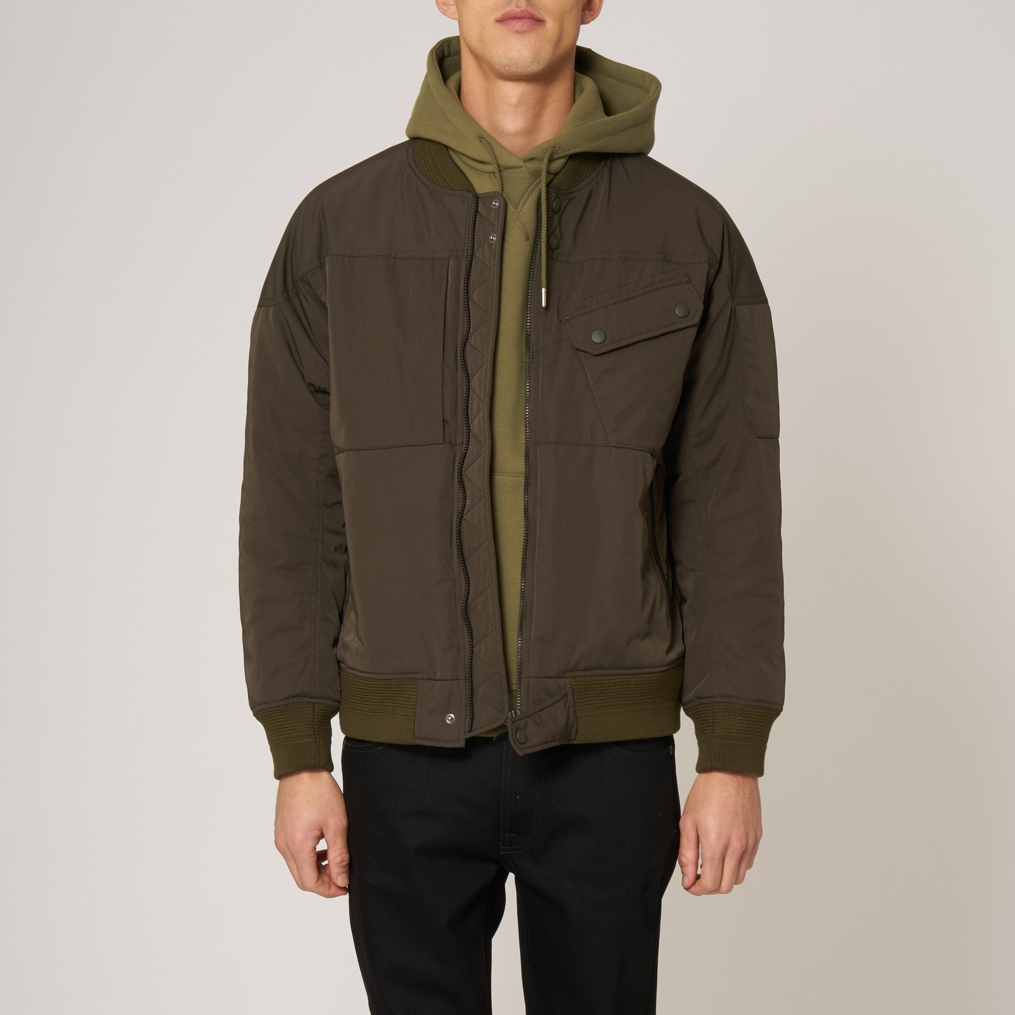 White Mountaineering Khaki Gore Windstopper Twill Yoke Sleeve MA-1 Bomber Jacket