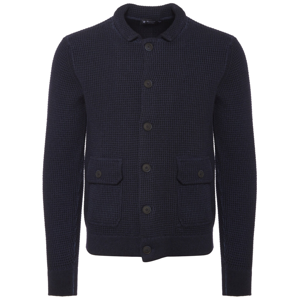 Hackett London Navy Merino Wool Waffle Knit Cardigan