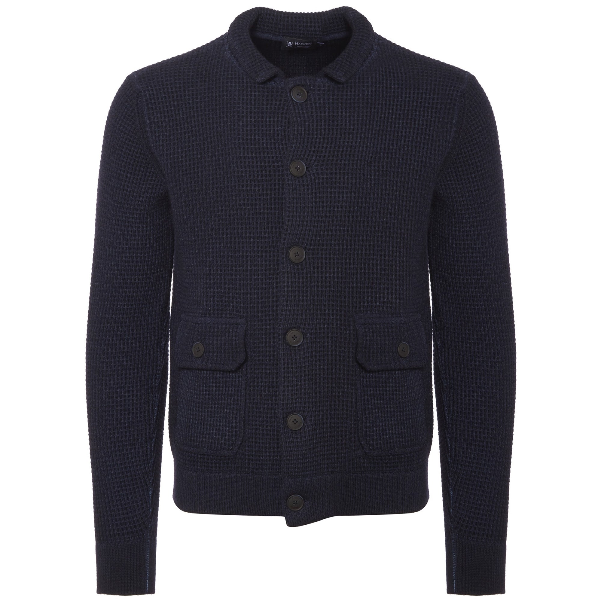Hackett London Navy Merino Wool Waffle Knit Cardigan
