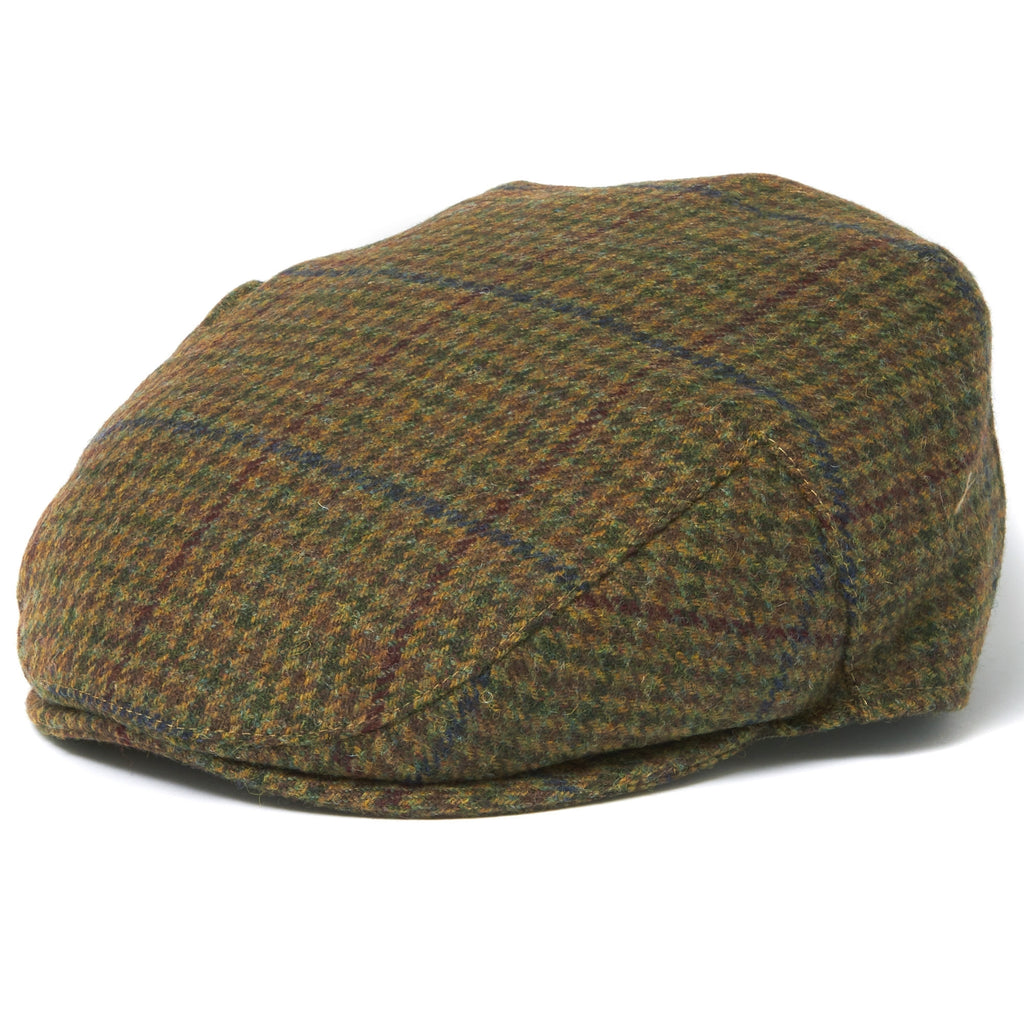 Classic olive checked flat cap on a white background.
