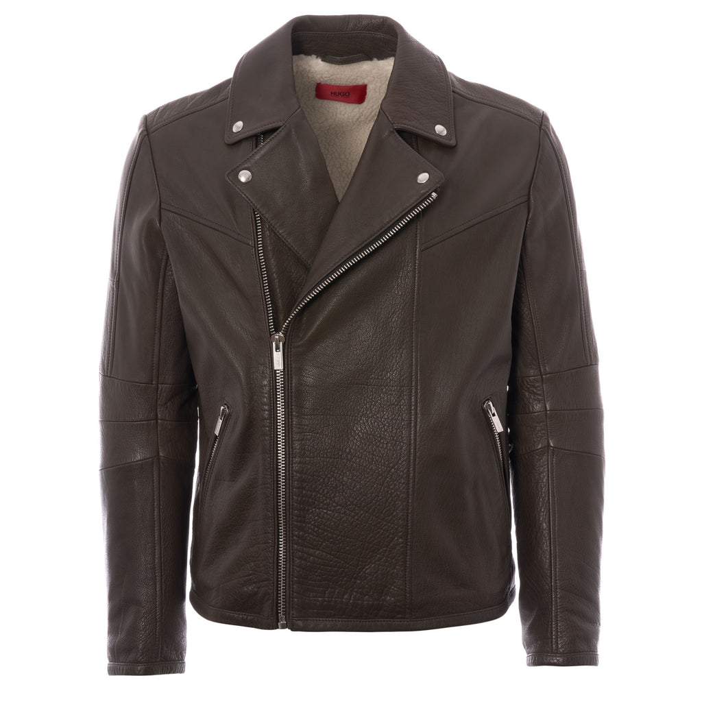 HUGO Lanster Leather Biker Jacket - Dark Green