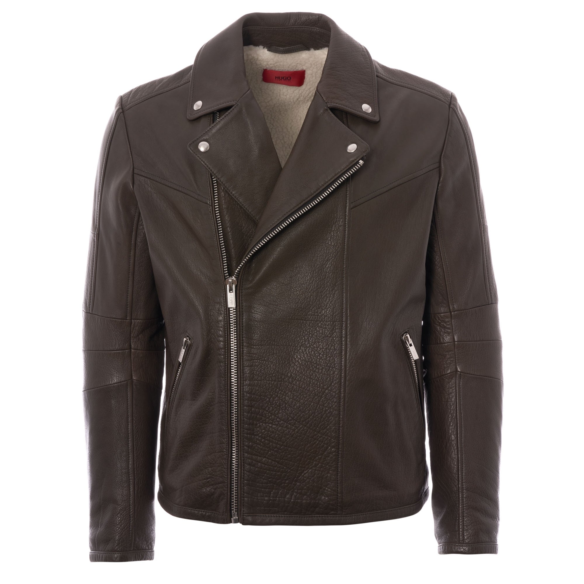 HUGO Lanster Leather Biker Jacket - Dark Green
